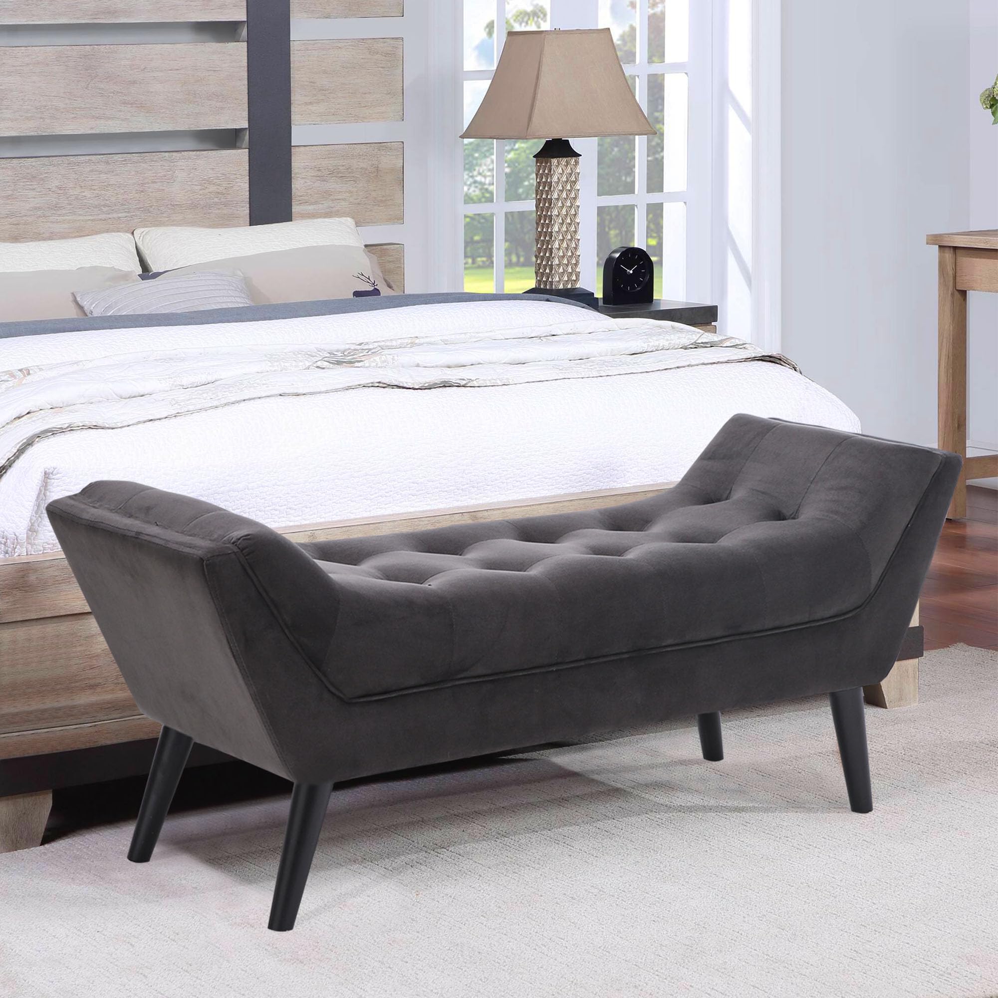 Alunaune Velvet Tufted Ottoman Bed Bench - Dark Gray Upholstered Storage Footstool with Wood Legs, 2-Seater for Bedroom, Entryway & Living Room | Perfect End of Bed Bench, Hallway Seating & Cozy Footrest