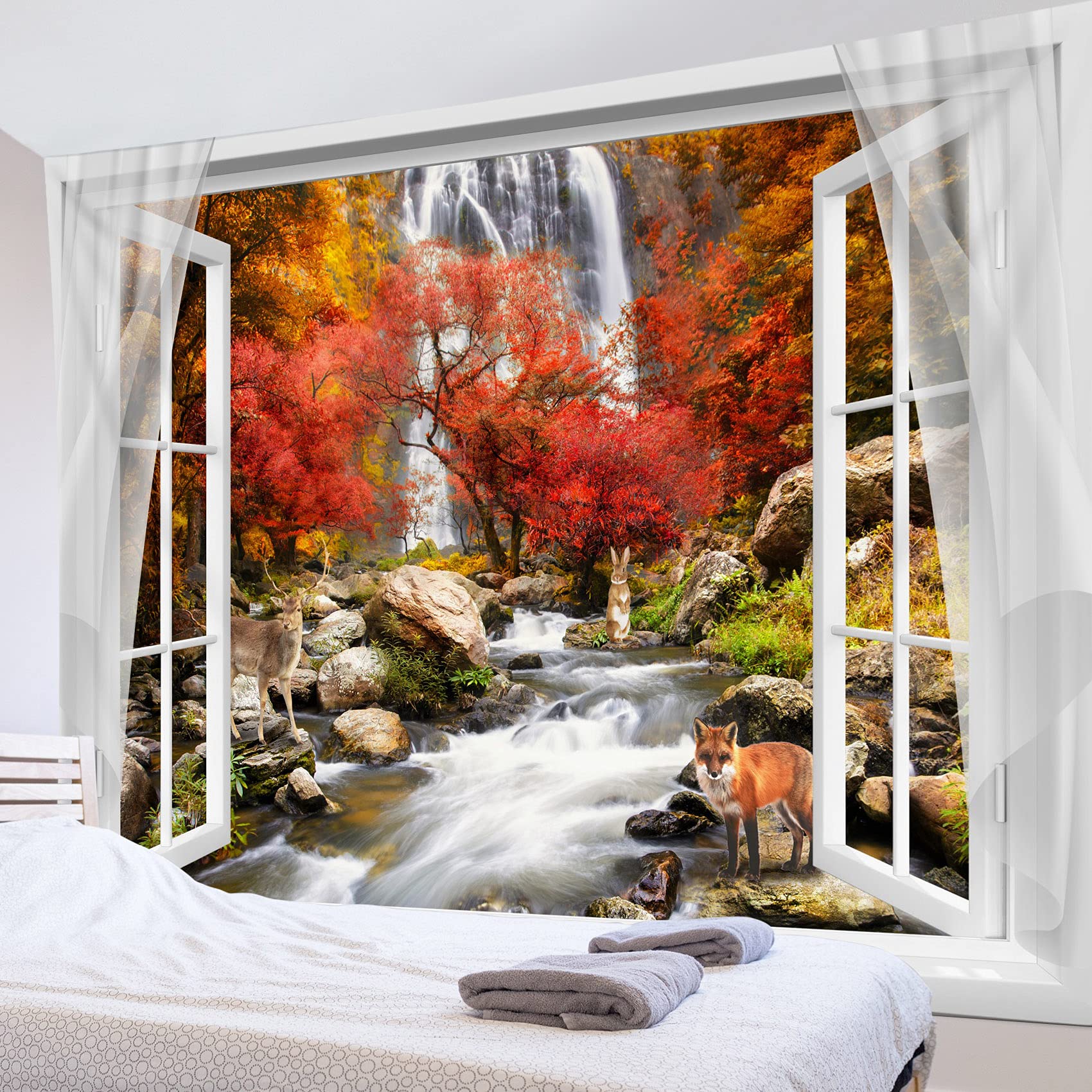 HVEST Autumn Forest Tapestry Wall Hanging - Fox Deer Maple Tree Waterfall Scenery, 60x40 Inches, Perfect for Bedroom, Living Room, Party, Dorm, and Outdoor Decor