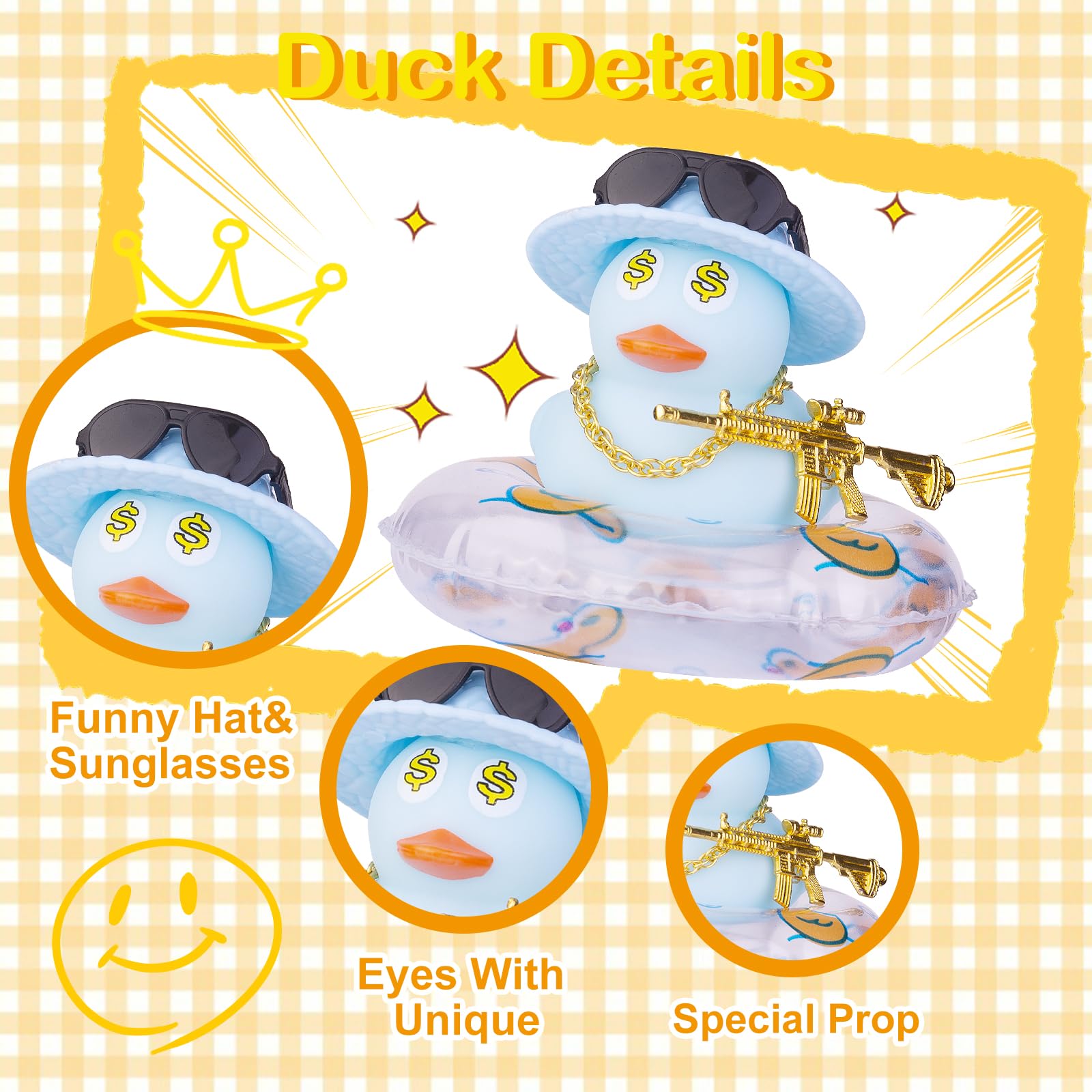Vibrant Rubber Duck Car Dashboard Decor - Cute Duck Figurines with Mini Hat, Swim Ring, Necklace & Sunglasses - Fun Dashboard Accessories for Cars, Home & Office Decoration - Perfect Gift for Duck Lovers & Auto Enthusiasts