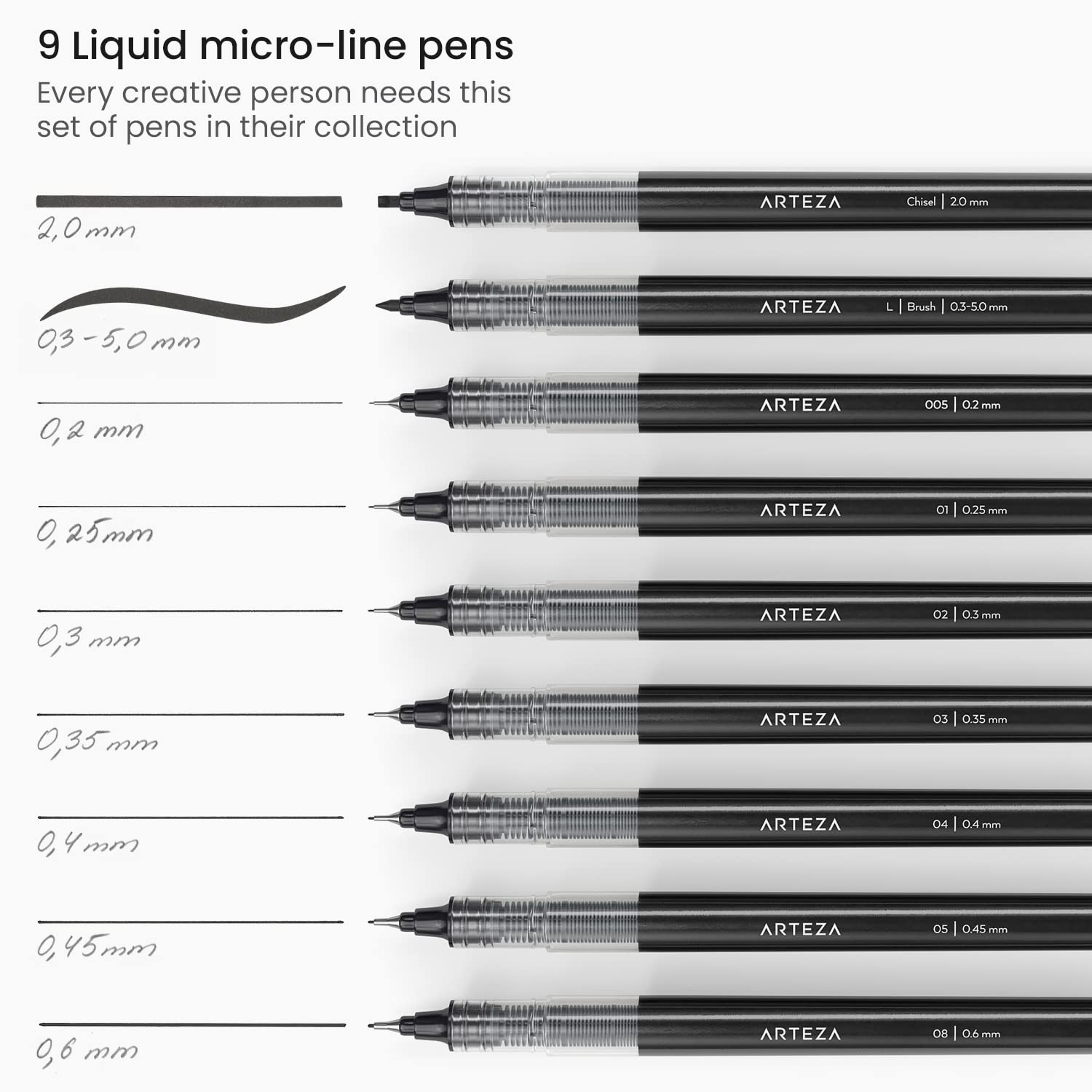 ARTEZA Micro-Line Ink Pens Set of 9 - Black Fineliners with Japanese Archival Ink for Drawing, Sketching & Calligraphy - Perfect Art Supplies for Comic Artists, Illustrators & Bullet Journaling