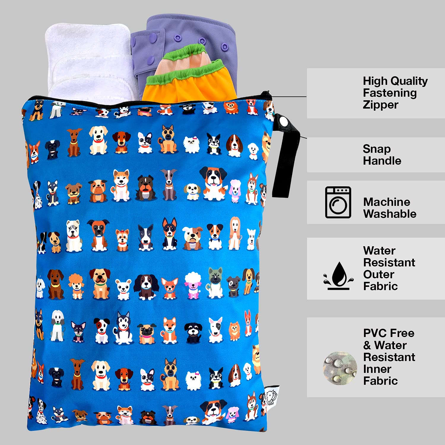 FLOCK THREE Washable Reusable Wet Bag - Waterproof Diaper Bag, Swim Bag, Travel Toiletries Pouch with Zipper (12.6