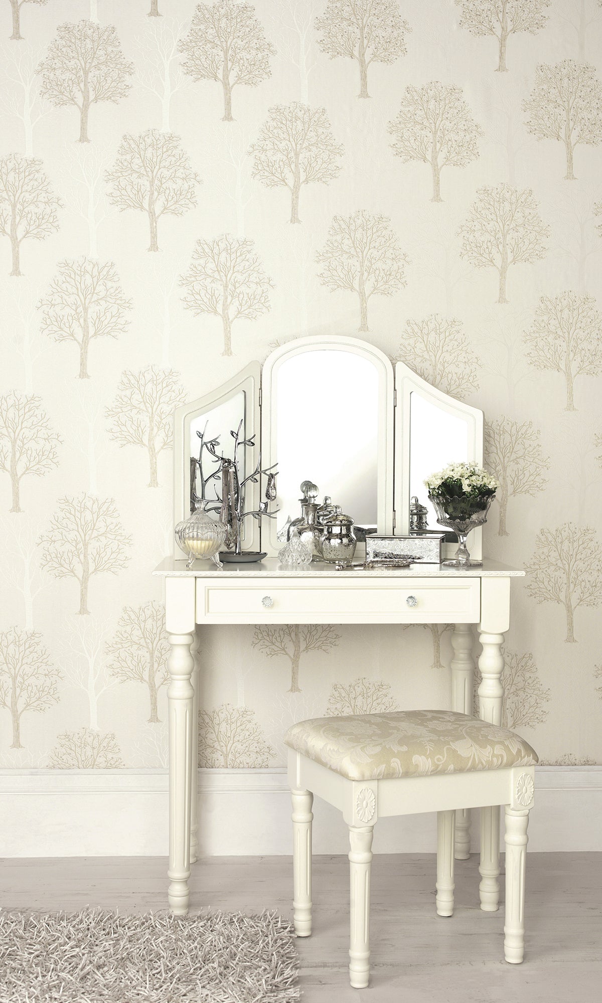 Elegant Cream Sequined Tree Printed Wallpaper R9504 - Perfect for Living Room, Bedroom, and Home Decor