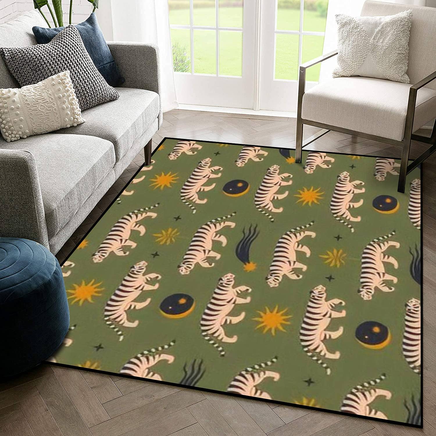 Boho Asian Style Indoor/Outdoor Rug with Chinese Tiger Pattern - Non-Slip Floor Carpet for Living Room, Coffee Table, Chair Mats | Home Decor Gift for Housewarming & Festive Occasions