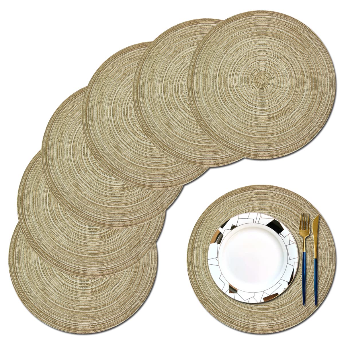 Pigchcy Round Braided Placemats Set of 6 - 15 Inch Decorative Table Mats for Dining, Wedding, Party - Natural Beige - Perfect for Home Decor, Holiday Gatherings & Special Occasions