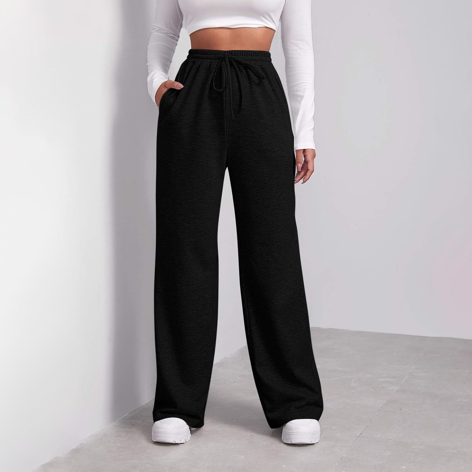 Women's High Waist Fleece Sweatpants - Baggy Wide Leg Joggers with Pockets, Lightweight Comfy Drawstring Lounge Pants for Yoga, Running & Casual Wear