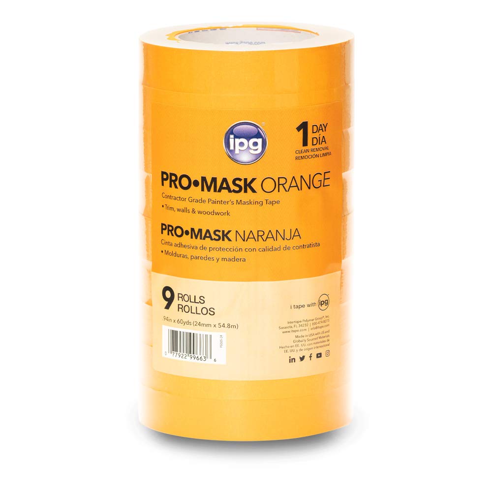 IPG ProMask Orange Contractor Grade Painter's Masking Tape - 0.94 Inch x 60 Yards, 36-Pack - High Adhesion, Clean Removal for Professional Painting, Drywall & DIY Projects - Perfect for Walls, Trim, Windows and Home Renovations