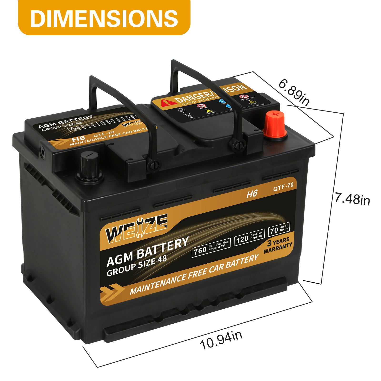 WEIZE Wise Series Group 48 AGM Car Battery 12V 70Ah H6 - High Performance Automotive Replacement Battery for Cars, SUVs & Trucks - Ideal for Cold Weather & Long-Lasting Power