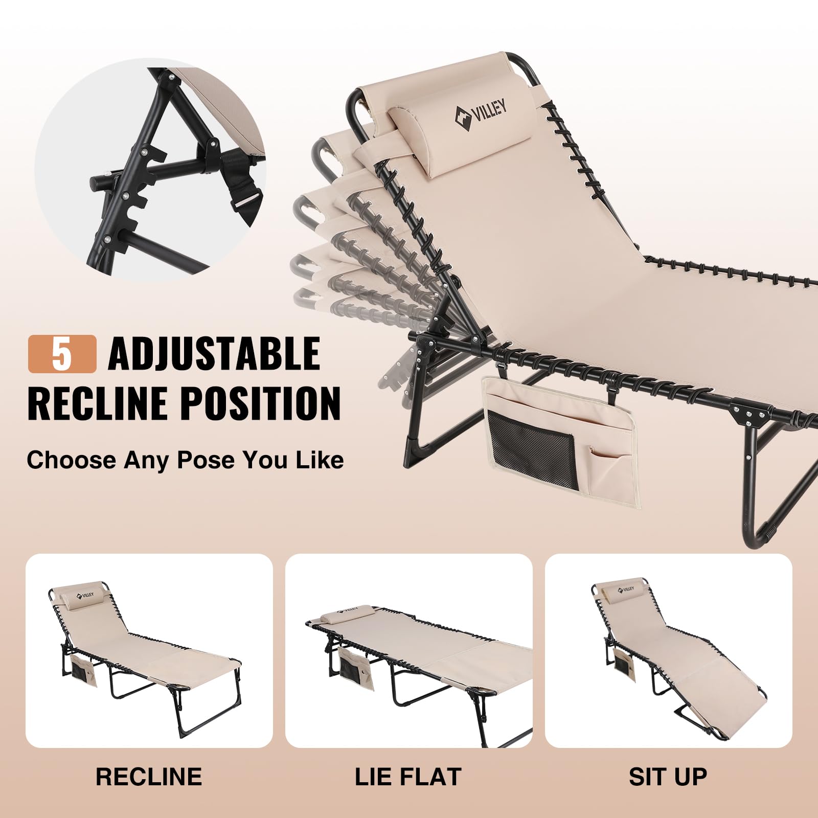 VILLEY Oversized Chaise Lounge Chair with Face Hole - Portable Adjustable Reclining Tanning Chair for Beach, Pool, Patio & Lawn | Heavy-Duty Folding Sunbathing Chair for Outdoor Relaxation & Sun Tanning