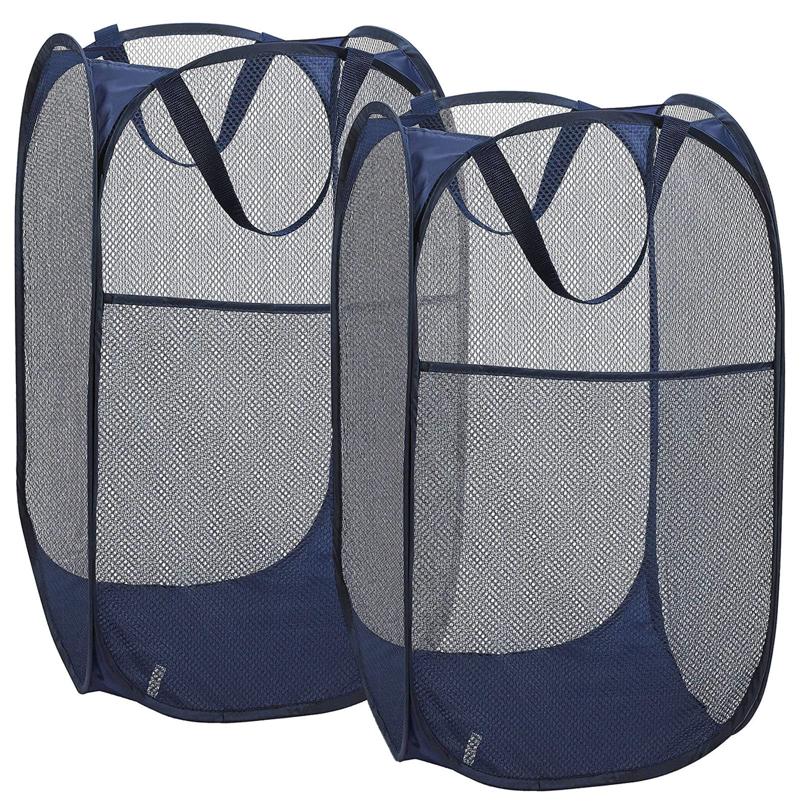 2 Pack Foldable Mesh Laundry Baskets with Reinforced Handles - Pop-Up Design for Easy Storage, Blue - Perfect for Laundry Room, Dorm, or Travel Use