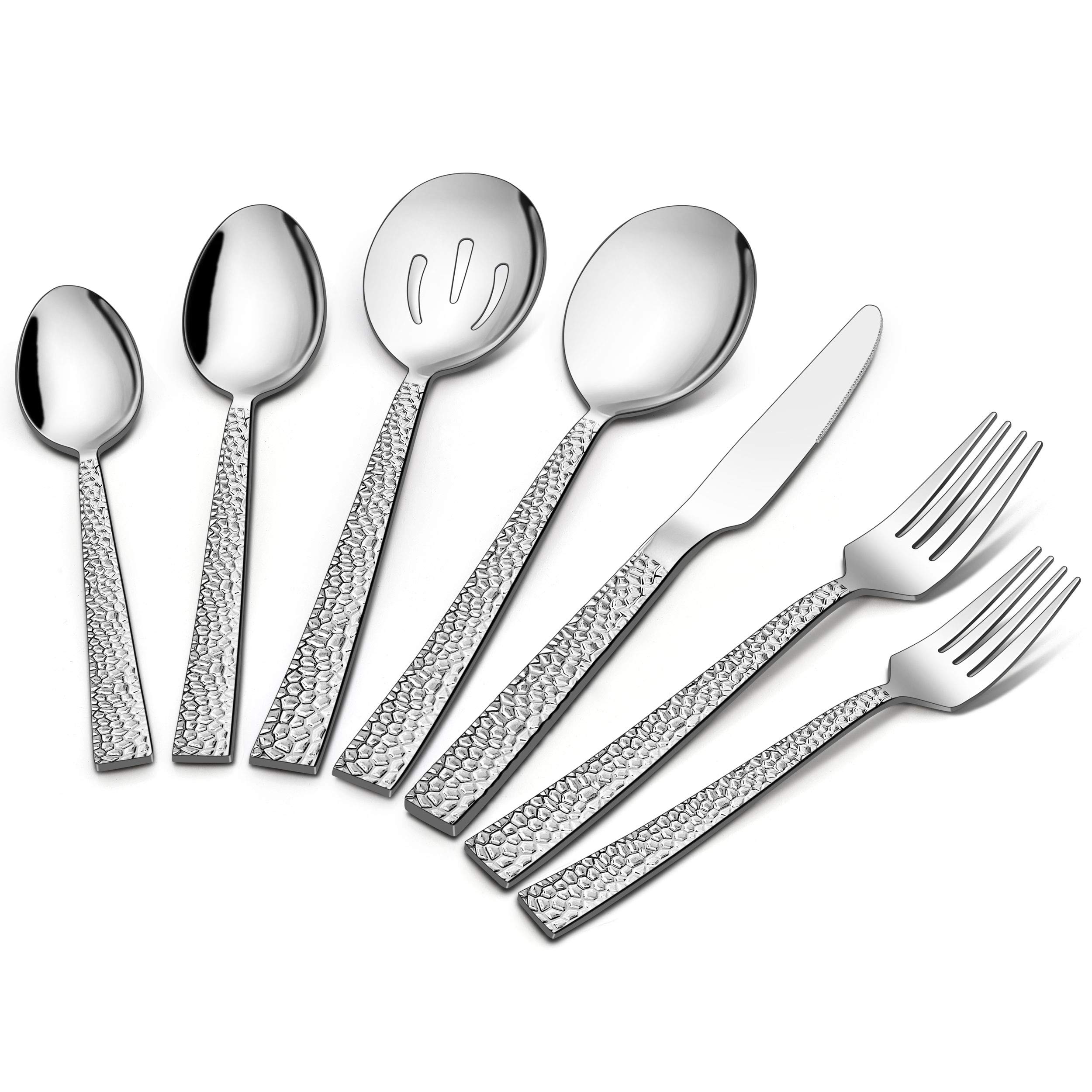 46-Piece Stainless Steel Silverware Set with Serving Spoons - Hammered Square Cutlery for 8 - Dishwasher Safe Flatware for Home, Party & Wedding - Perfect for Dining, Entertaining & Special Occasions