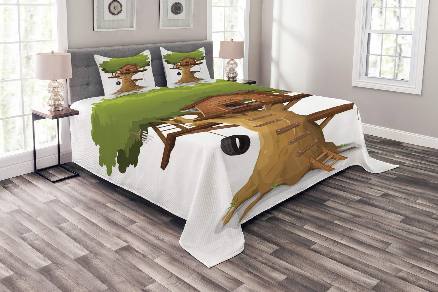 Ambesonne Tree House Bedspread Set - King Size 3 Piece Quilted Coverlet with 2 Pillow Shams, Fun Cartoon Illustration of Hobby Home on Branches, Multicolor Decorative Bedding - Perfect for Kids' Rooms, Nursery Decor or Whimsical Bedroom Themes