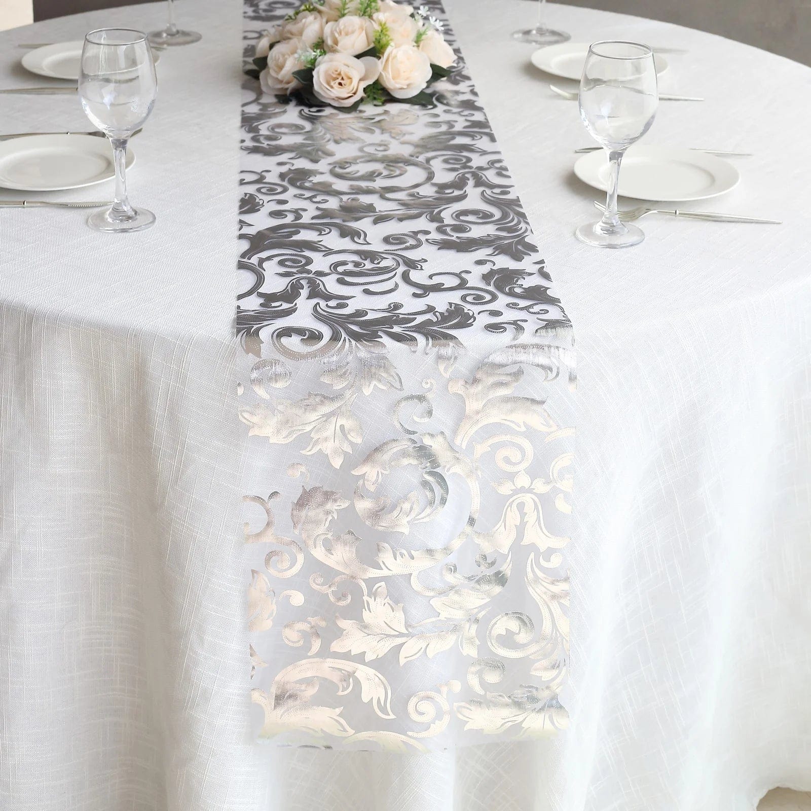 12-Pack 108-Inch Metallic Sheer Organza Table Runners with Elegant Swirl Floral Design - Perfect for Weddings, Parties, and Holiday Decorations
