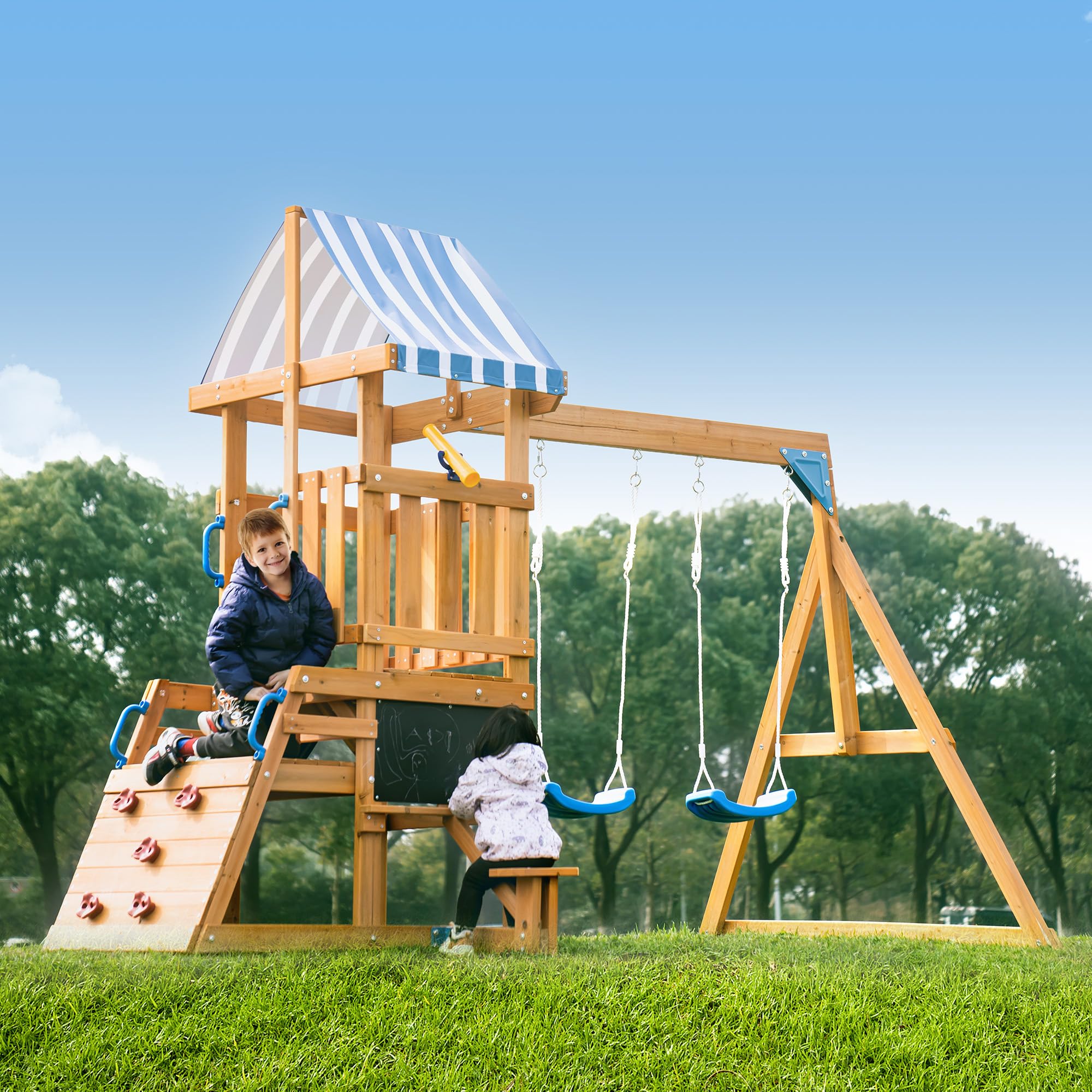 ROBOTIME All-in-One Wooden Swing Set for Backyard - Outdoor Play Equipment with Swings, Slide & Climbing Rope Ladder - Durable Kids Swing Playset for Ages 3-10 - Perfect for Backyard Fun, Playground & Outdoor Activities