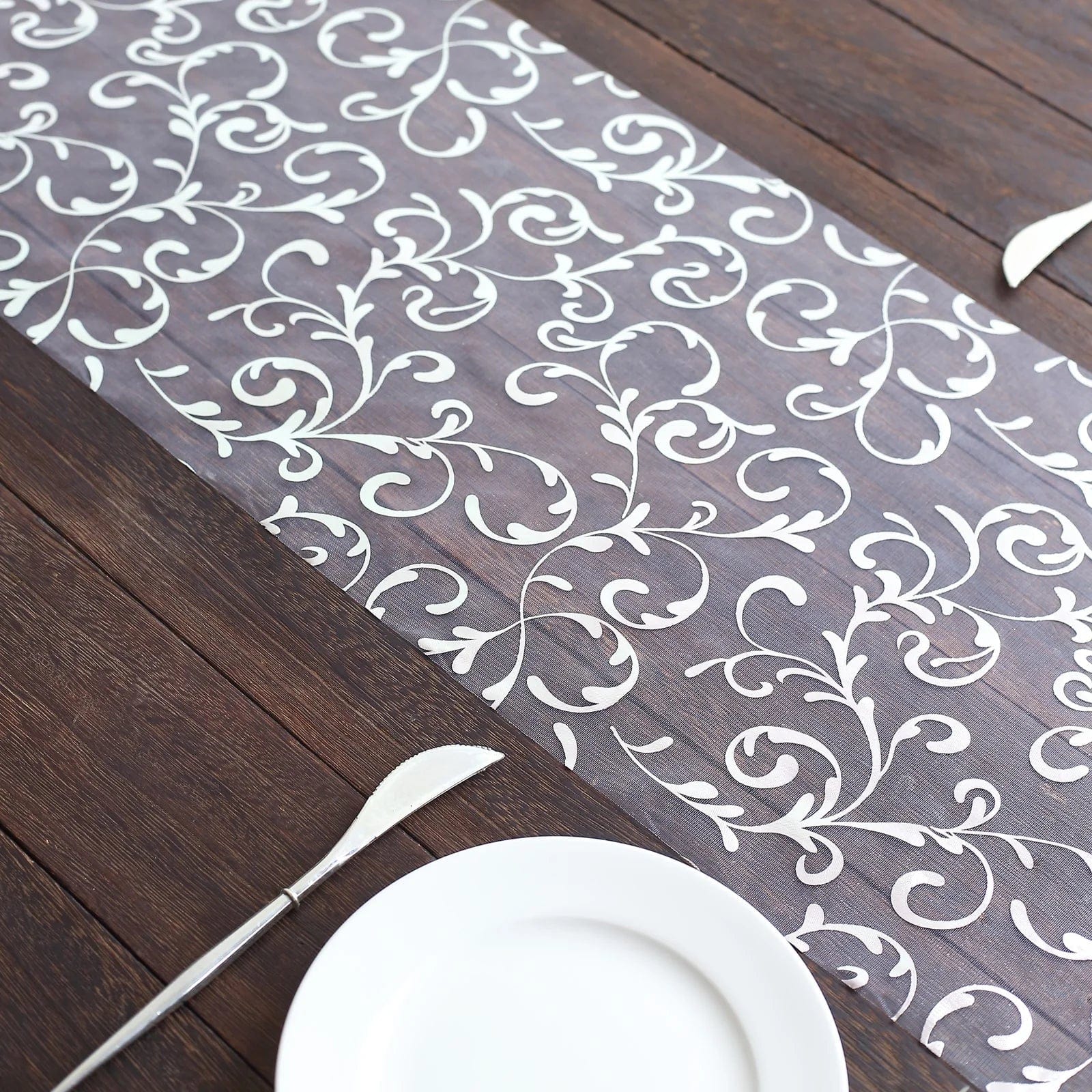 12-Pack 108-Inch Sheer Organza Table Runners with Embossed Floral Pattern - Elegant Wedding, Party & Banquet Decorations for Dining Tables