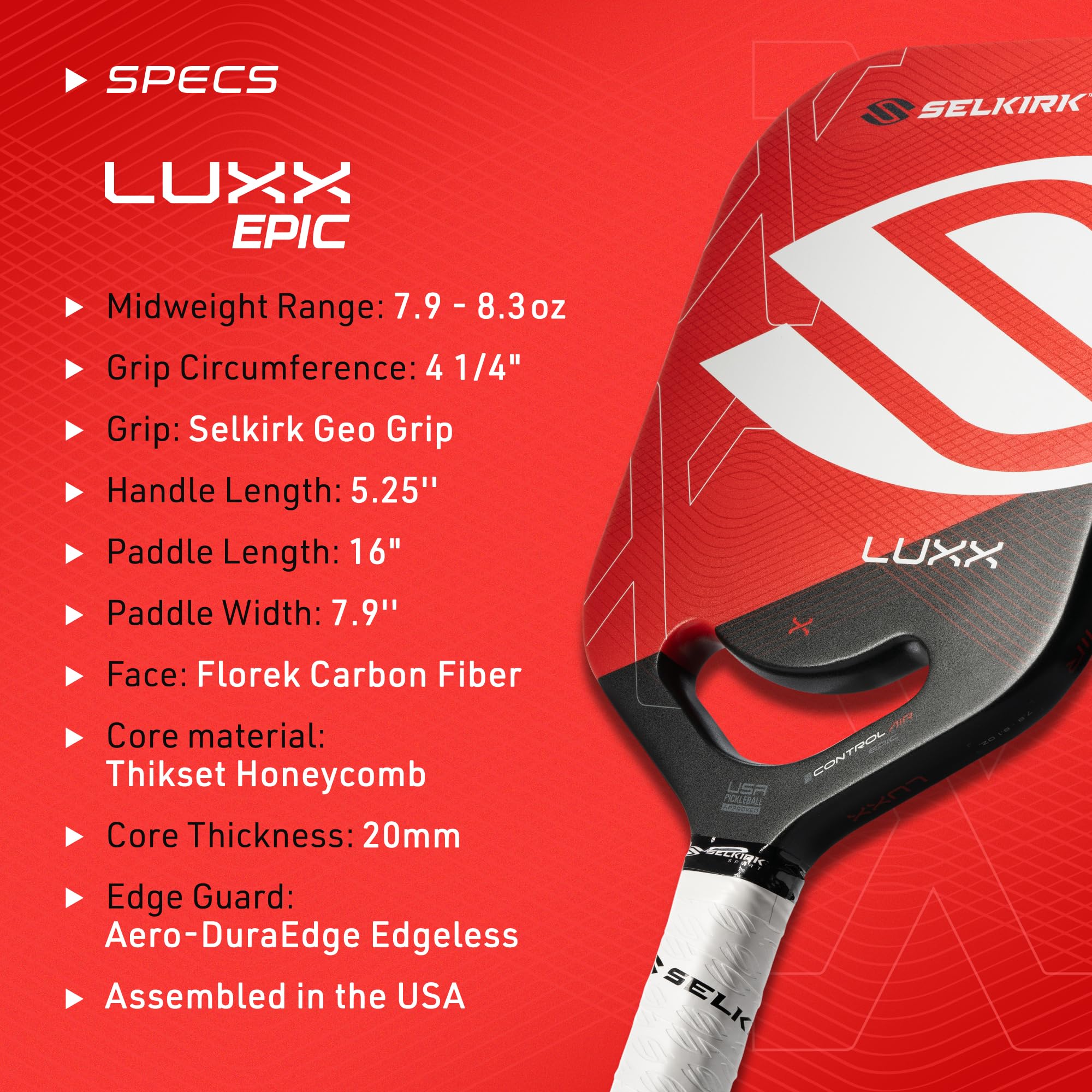 2024 Selkirk LUXX Control Pickleball Paddle - Premium Florek Carbon Fiber Surface with Polypropylene X7 Core for Enhanced Power & Precision | Perfect for Competitive Play & Recreational Pickleball Games