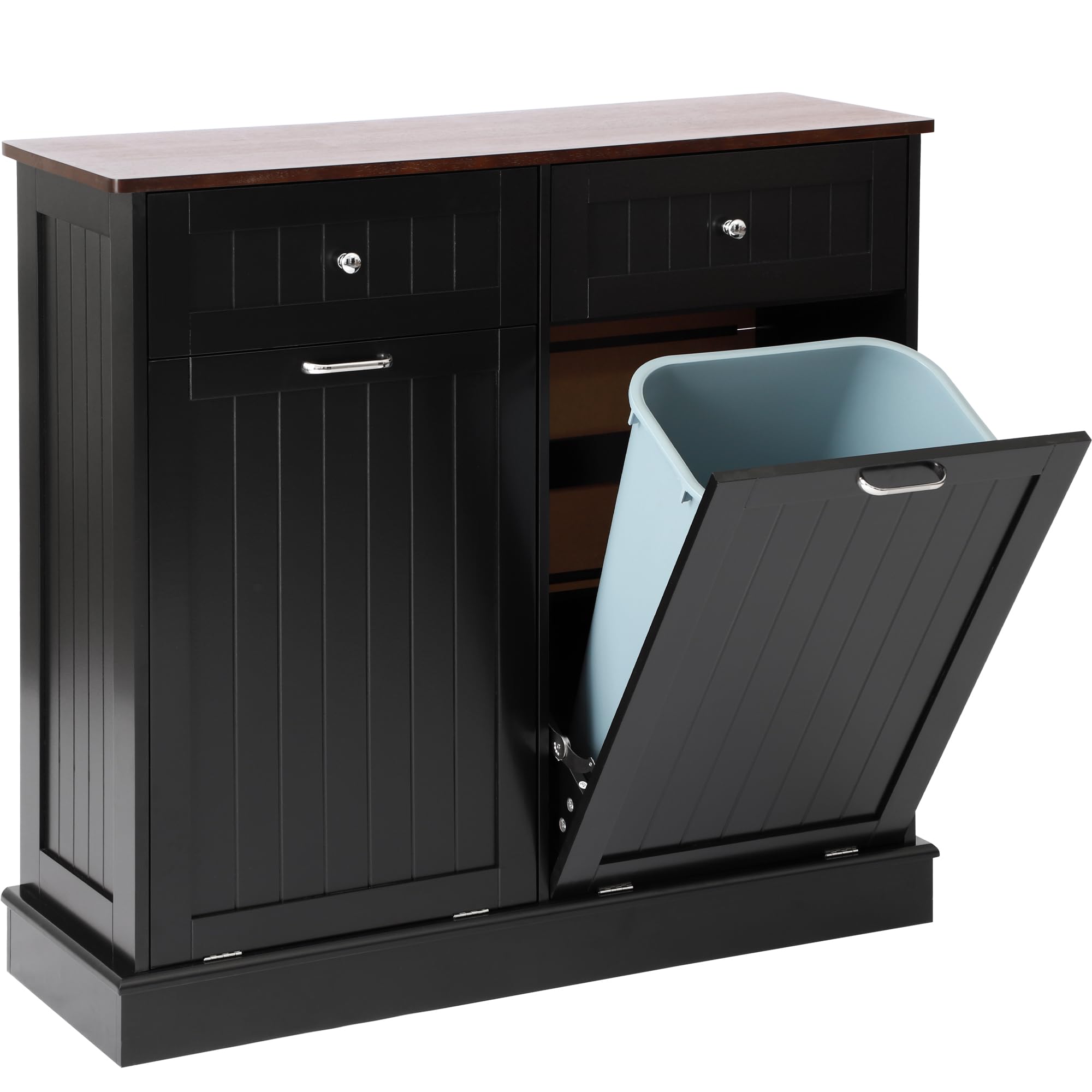 KIGOTY Double Tilt Out Trash Cabinet - Pet Proof Kitchen Trash Can with Countertop & Drawer Storage - Wooden Laundry Hamper Organizer for Kitchen, Bathroom, Laundry Room - Black (Perfect for Small Spaces & Pet Owners)