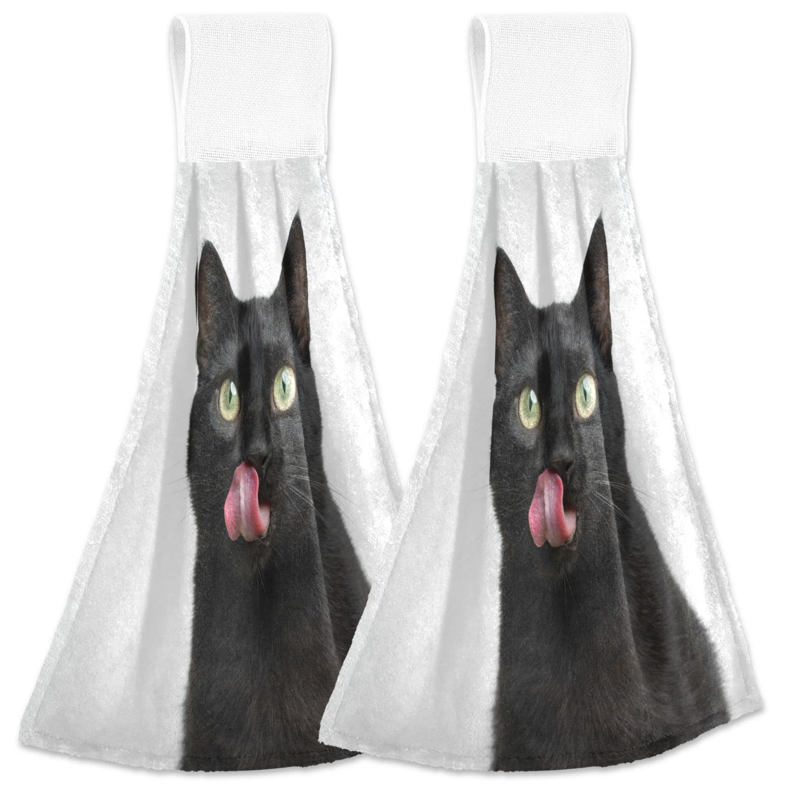 ASLSIY 2-Pack Black Cat Tongue Lips Hand Tie Towels - 18.2 x 14 Inch Hanging Kitchen Towels for Bathroom, Tabletop, Gym & Home Decor - Cute Kitchen Accessories for Cat Lovers