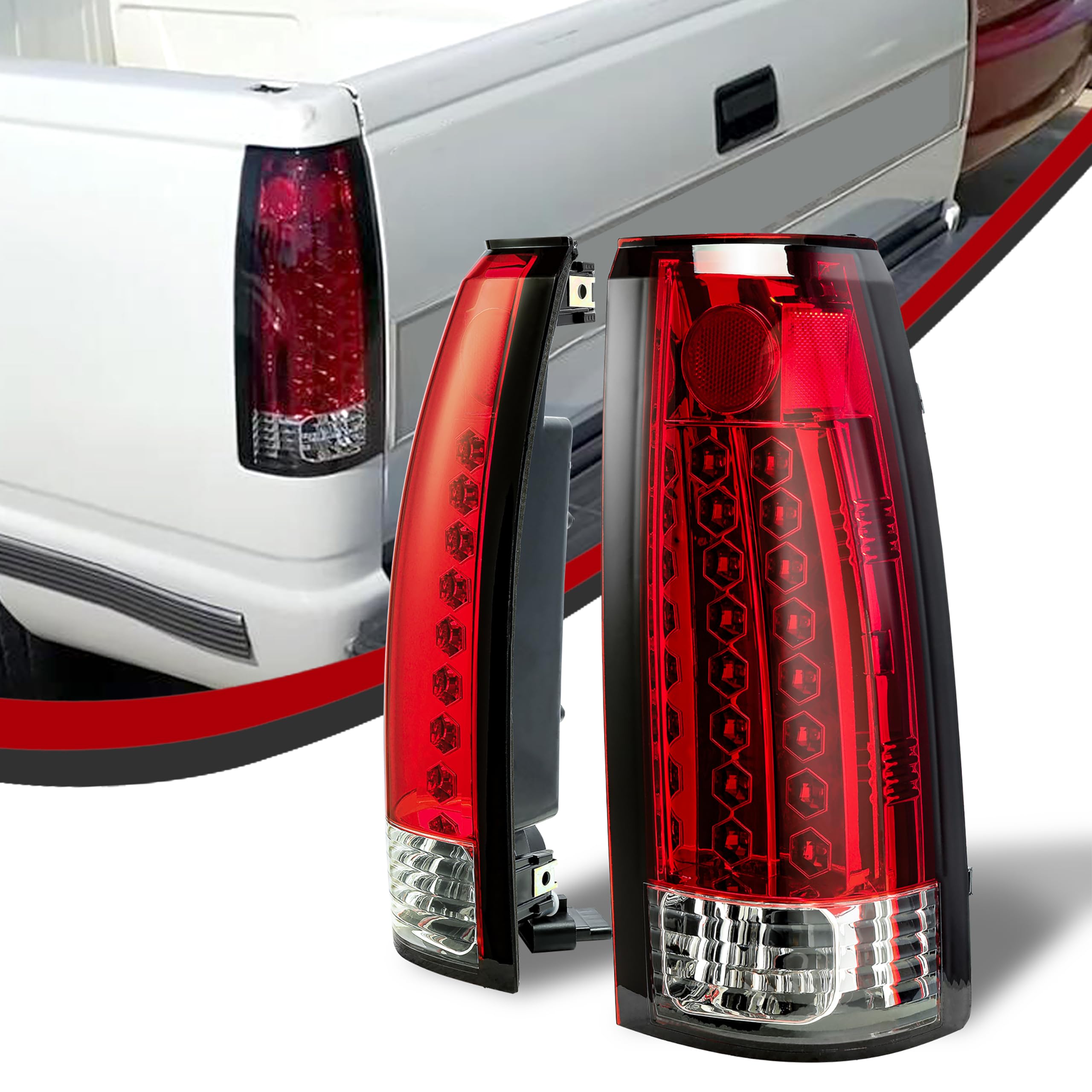 ECOTRIC LED Tail Lights for 1988-1999 Chevy Silverado GMC Sierra Suburban C/K 1500 2500 3500 Pickup Trucks - Red Lens Brake Lights Pair (No Bulbs Included) - Perfect for Off-Roading, Night Driving & Vehicle Safety Upgrades
