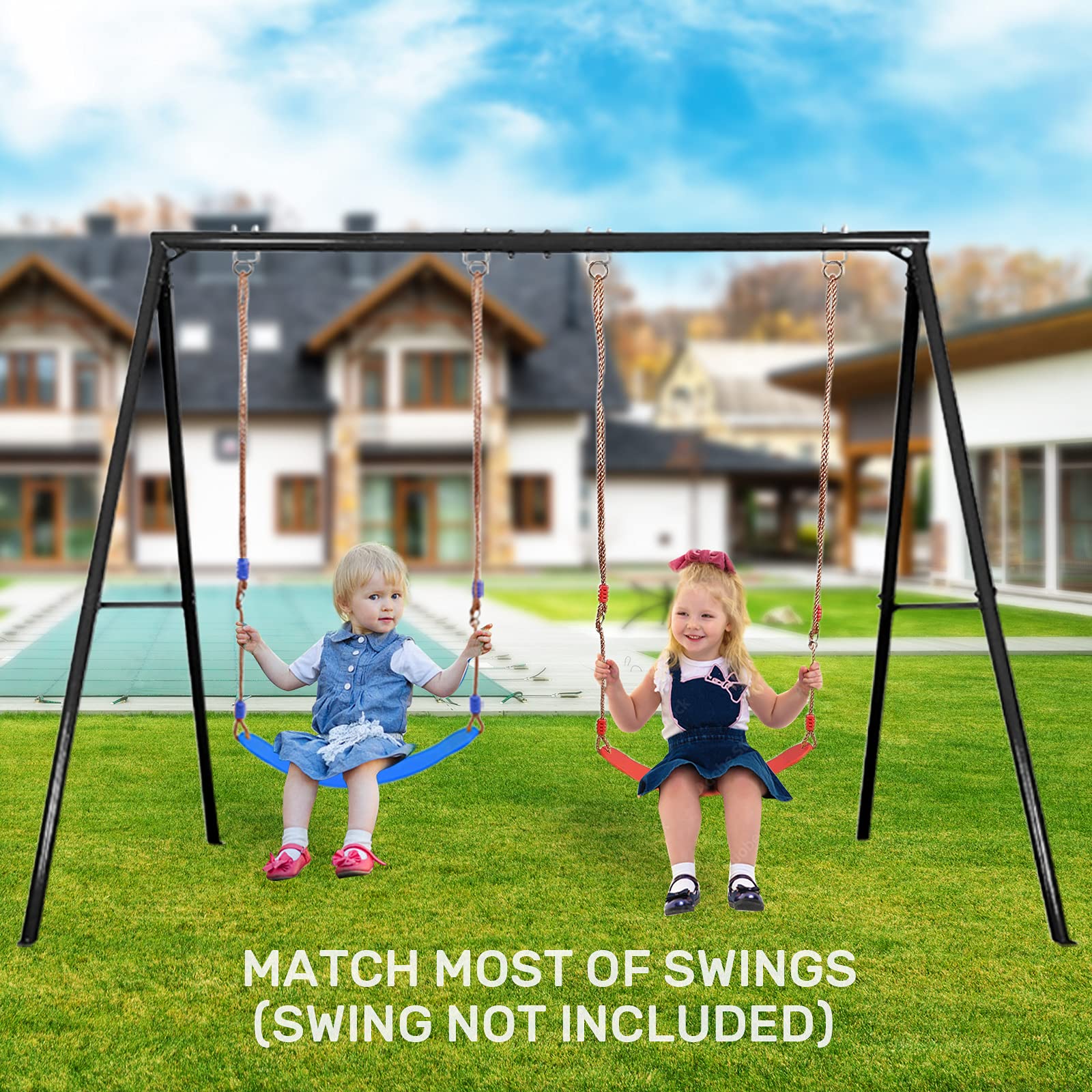 IKARE Heavy Duty Extra-Large Metal Swing Stand for Kids & Adults - 400lb Capacity, Fits Porch Swings - Indoor/Outdoor Backyard, Garden & Patio Use - Includes Ground Stakes for Stability