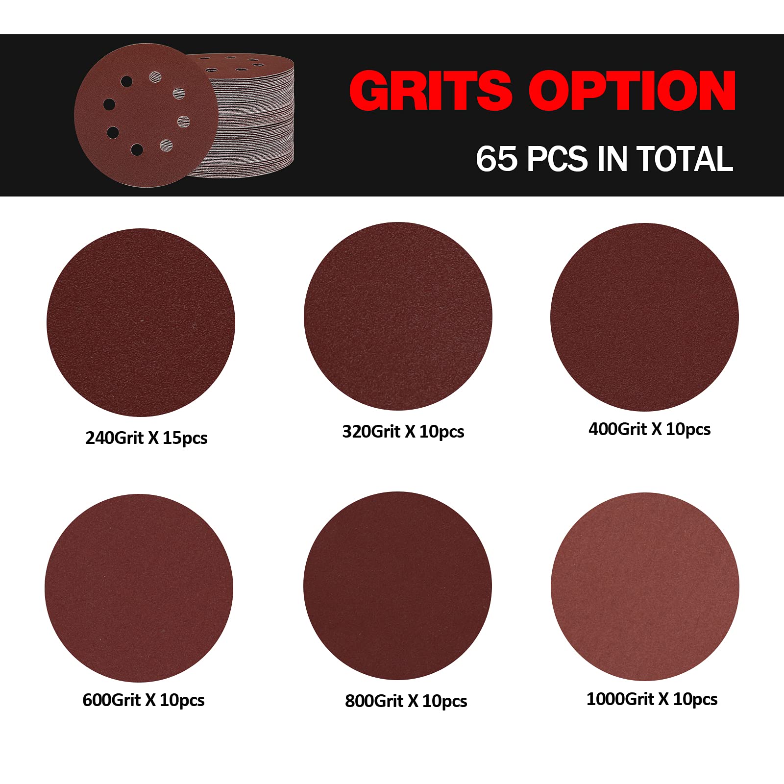 5 Inch 8 Hole Aluminum Oxide Sanding Discs - 65PCS Assorted Grits (240-1000) for Random Orbital Sander | Hook & Loop Adhesive Sandpaper Pads | Woodworking, Metal Polishing & DIY Projects