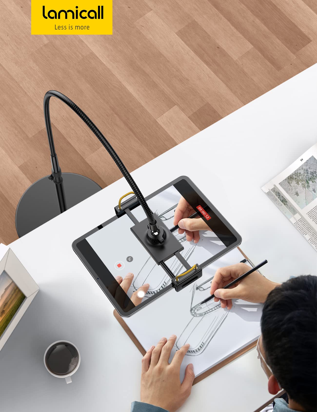 Lamicall Adjustable Tablet Floor Stand - Heavy Duty Gooseneck Phone & iPad Holder with 10.6lb Stable Base, Universal Mount for iPad Mini/Air/Pro 12.9/9.7, Samsung Galaxy Tab, Kindle, Smartphones (4.7-13 inch) - Perfect for Home Office, Bedroom Reading & Hands-Free Video Calls