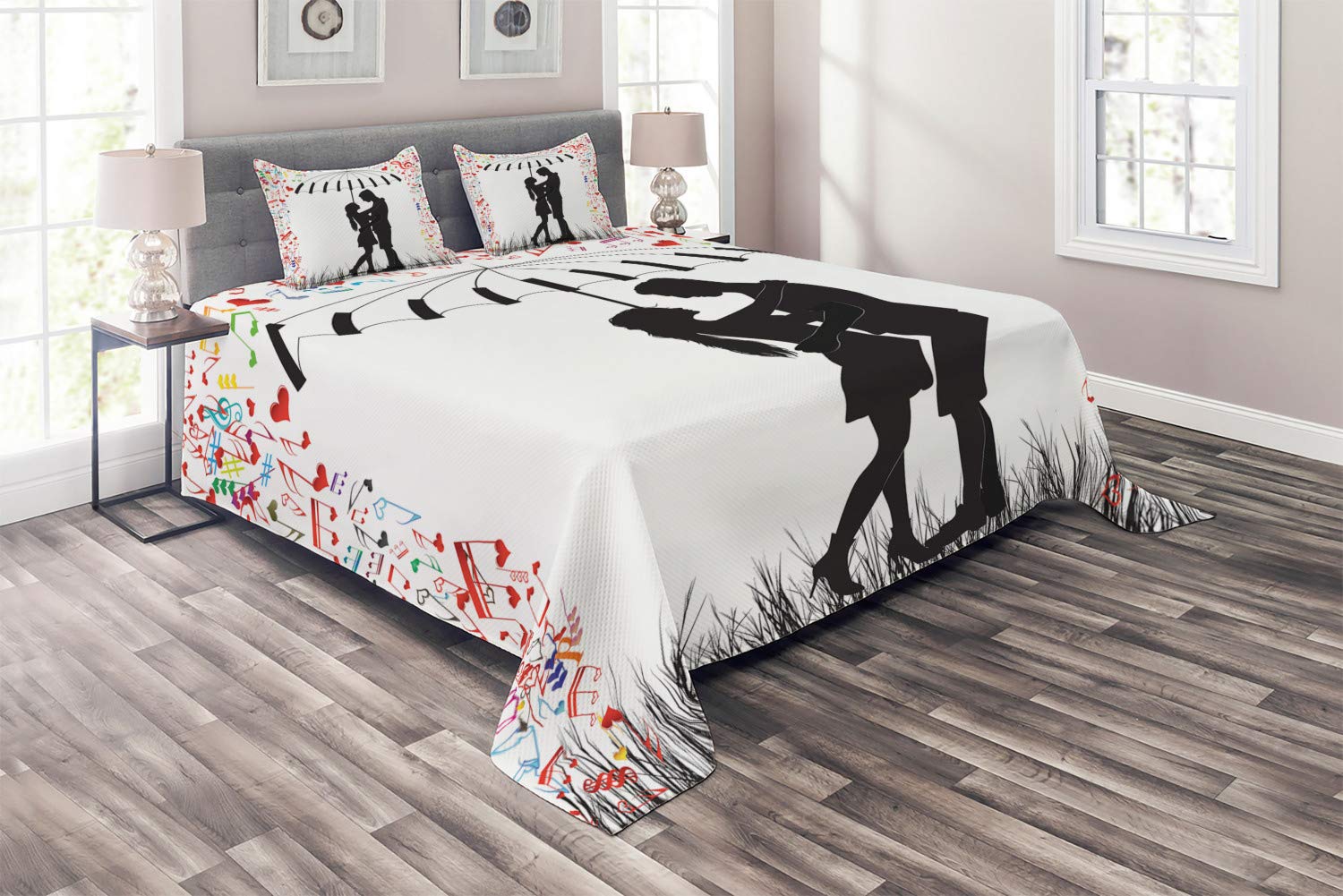 Ambesonne King Size 3-Piece Quilted Bedspread Set with 2 Pillow Shams - Romantic Young Couple with Music & Hearts Illustration in Charcoal Grey Multicolor - Perfect for Master Bedroom, Guest Room & Cozy Home Decor