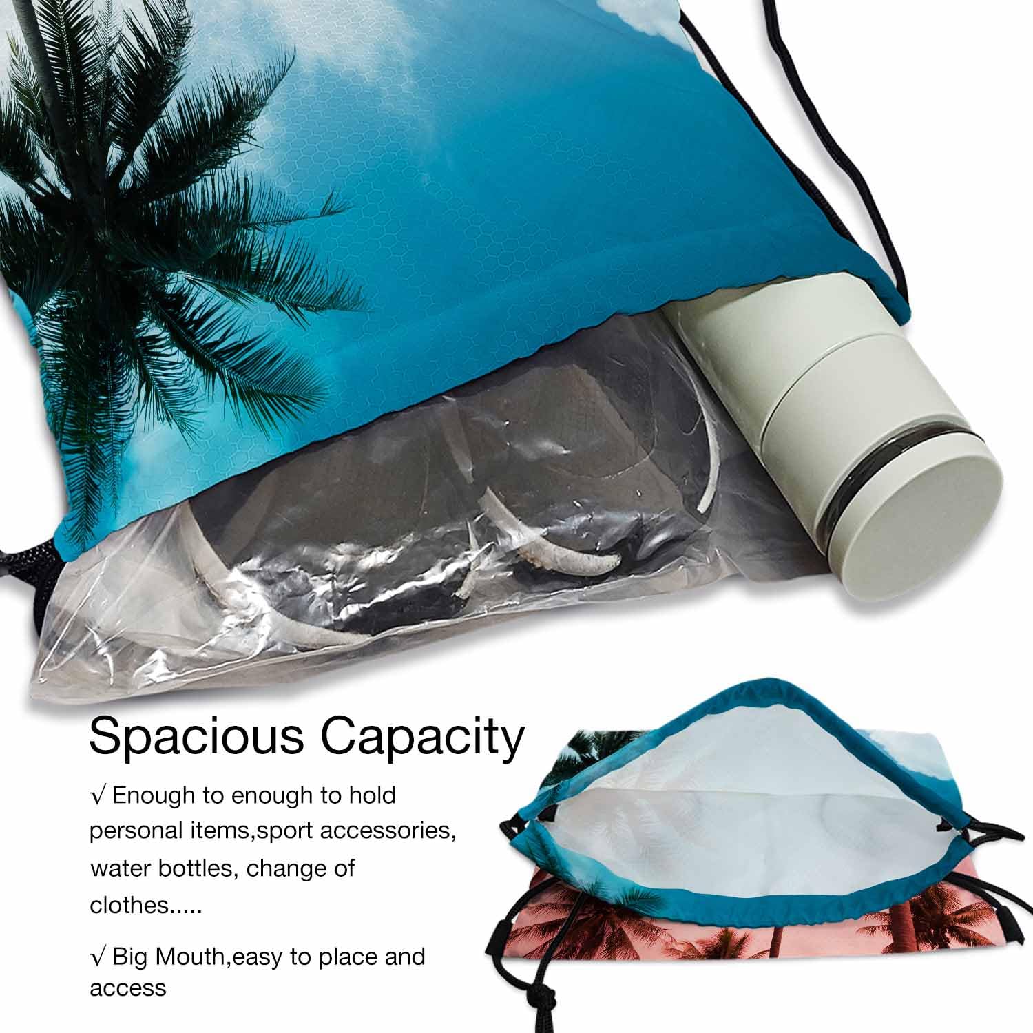 Drawstring Backpack - 14x16.9 Inch Lightweight Sports Bag with Tropical Palm Tree Design, Perfect for Beach, Dance, Gym & Travel | Aloha Summer Breeze Holiday Vacation Essential