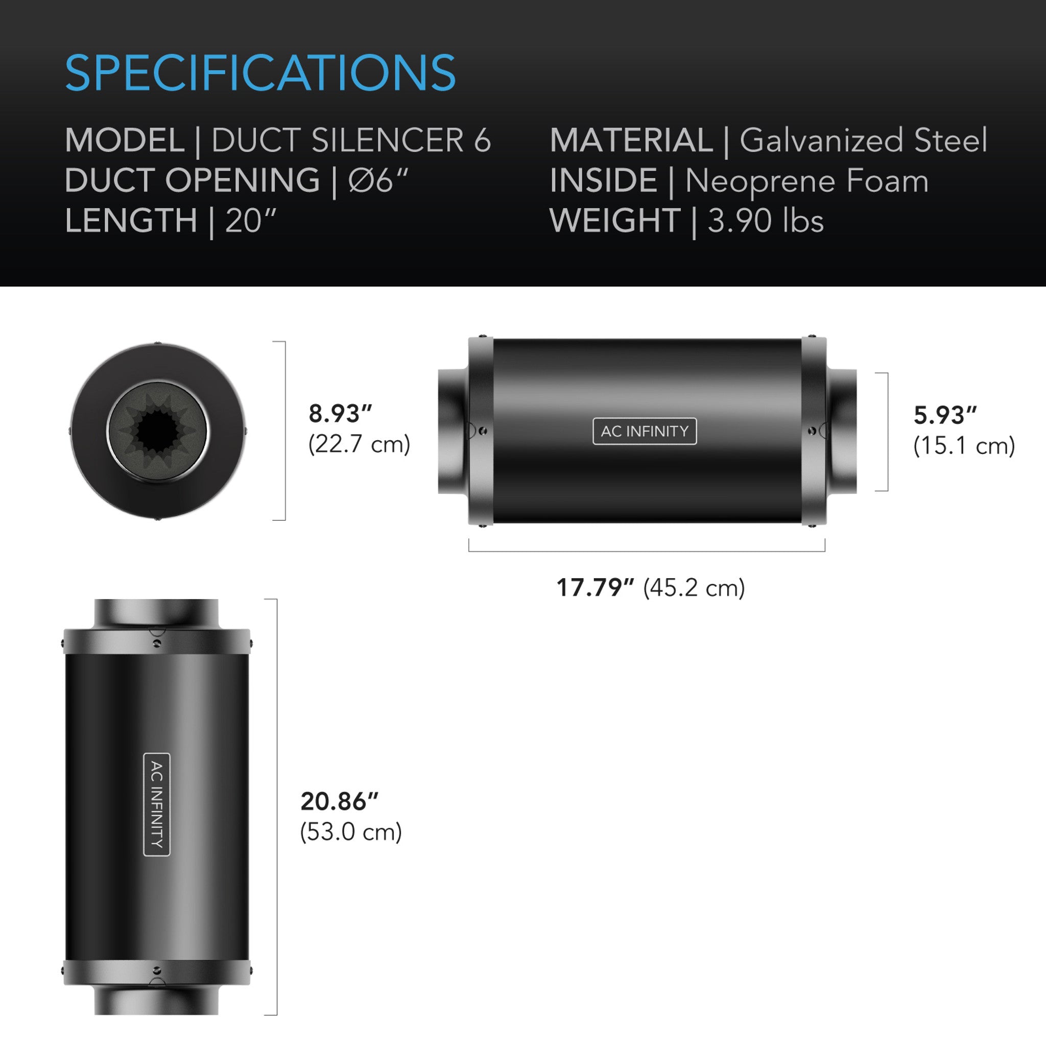 6 Inch (150mm) Inline Duct Fan Silencer by AC Infinity - Quiet Airflow Solution for Grow Tents, HVAC Systems & Home Ventilation