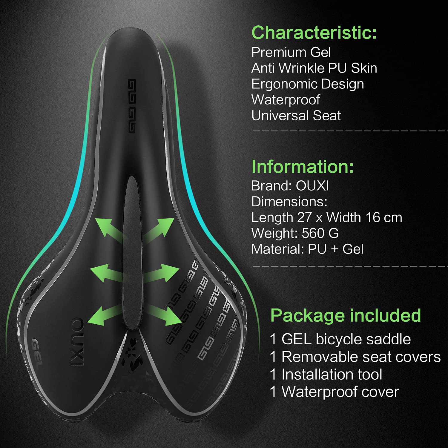 OUXI Comfort Bike Seat - Soft Gel Padded Bicycle Saddle with Shock Absorption & Waterproof Cover for MTB, Road & Exercise Bikes - Perfect for Men, Women & Long Rides
