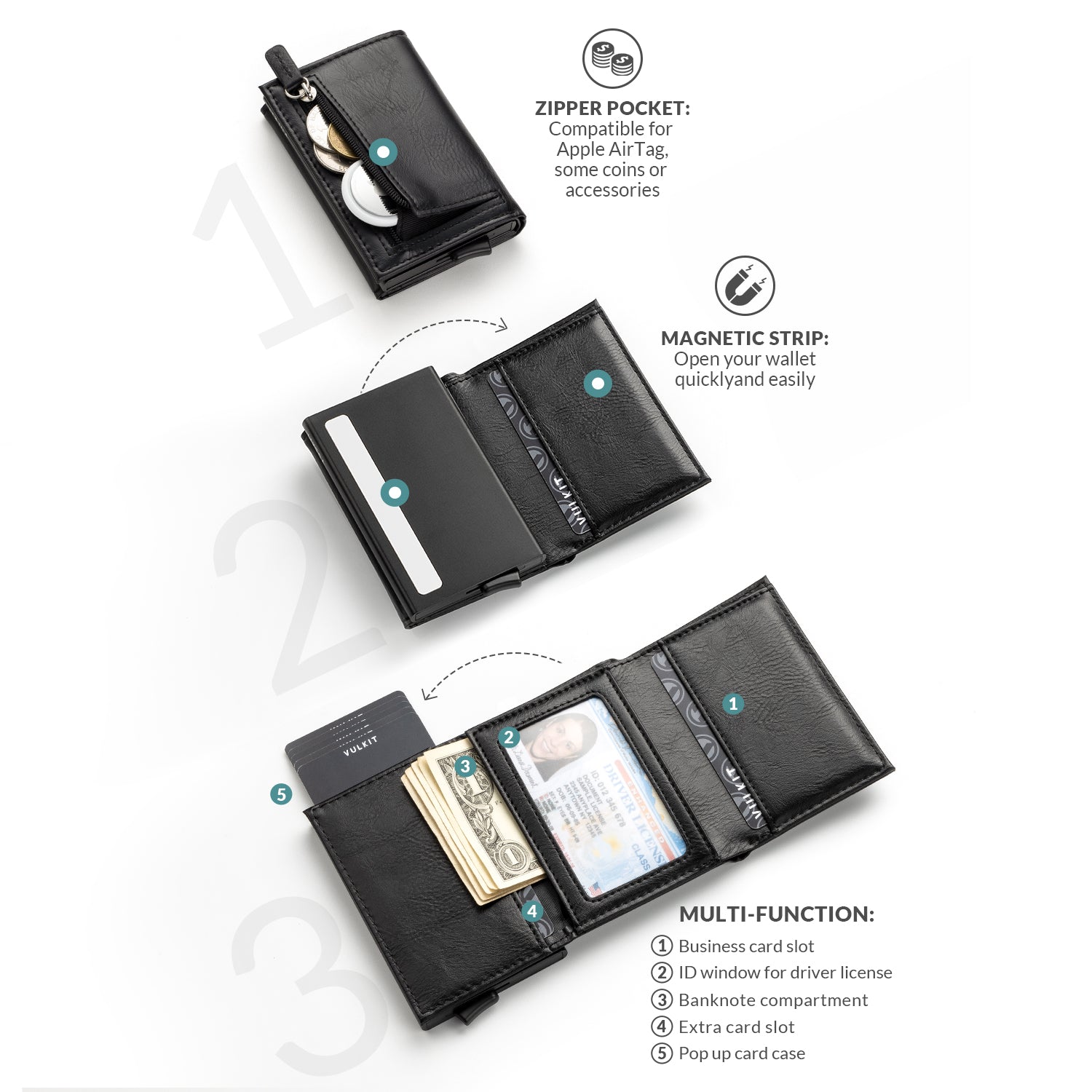 VC203 RFID Blocking Tri-Fold Wallet with Back Zipper Slot & Magnetic Closure - Slim Leather Wallet for Men, Perfect for Travel, Business & Everyday Use