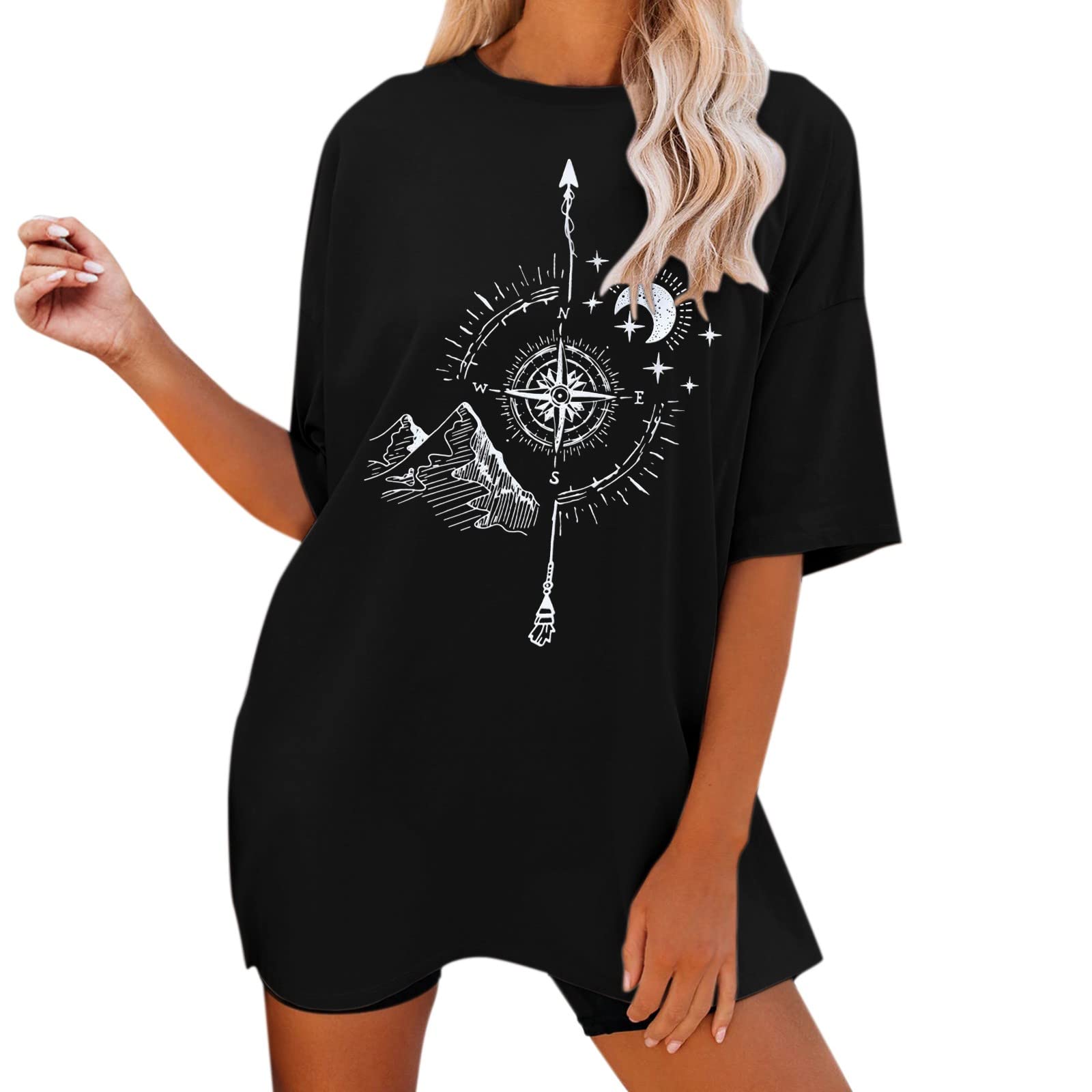 Funny Graphic Tees for Women - Oversized Short Sleeve T-Shirt with Sun and Moon Design | Casual Wear, Street Style & Festival Outfits