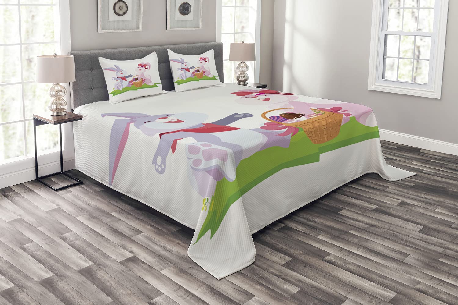 Ambesonne King Size 3-Piece Bunny Bedspread Set with 2 Pillow Shams - Easter Rabbit Couple Picnic Romance Cartoon Design - White & Multicolor Quilted Coverlet for Bedroom Decor, Easter Gift & Spring Home Decorating