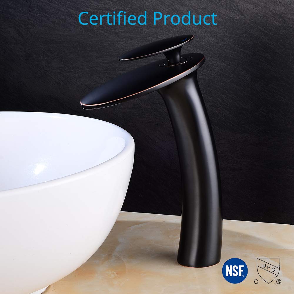 Oil Rubbed Bronze Waterfall Bathroom Sink Faucet - Single Handle Brass Lavatory Faucet with Pop Up Drain & Supply Hoses - Tall Slanted Body Basin Mixer Tap for Vanity Sink - Perfect for Modern Bathroom & Powder Room Renovations