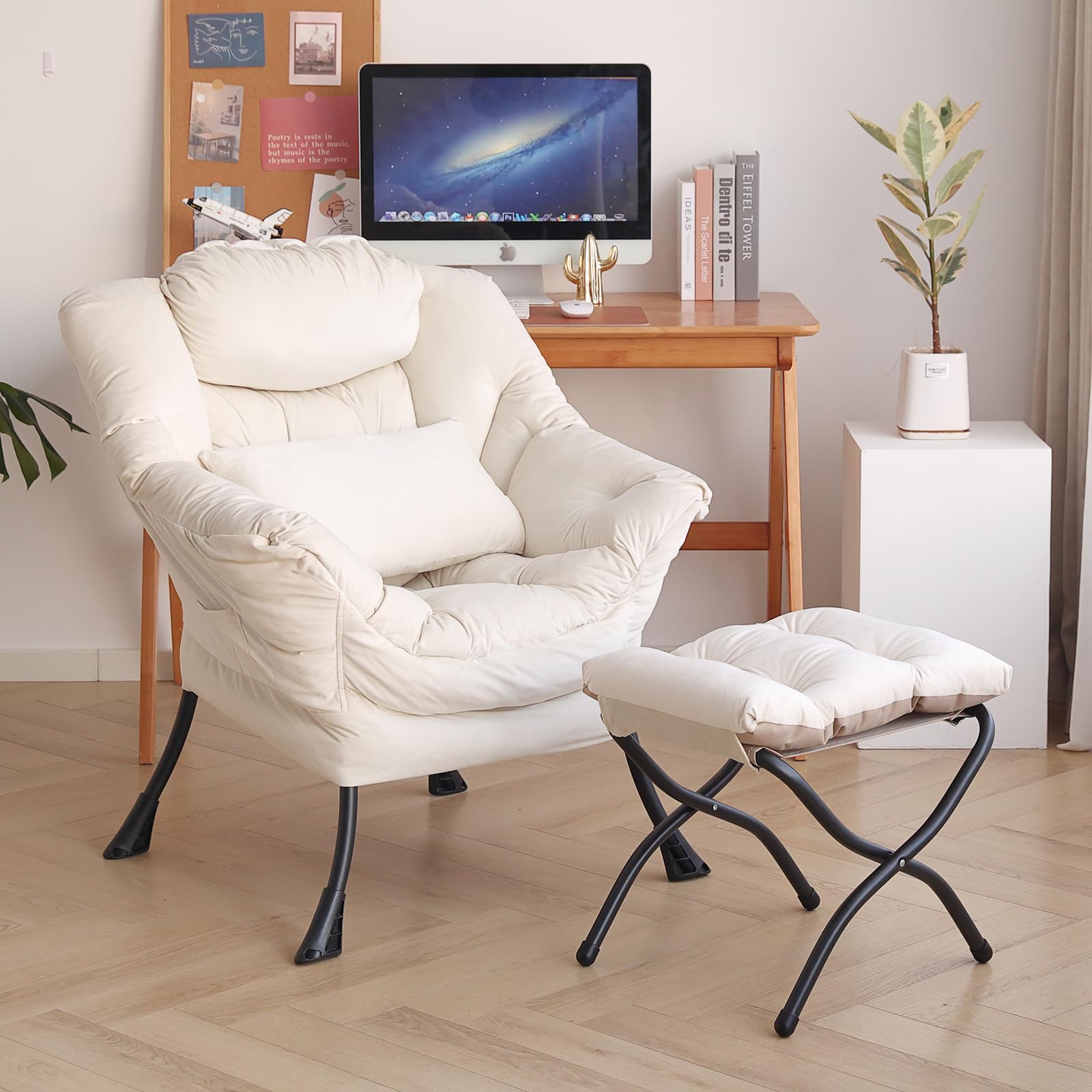 Modern Velvet Beige Lazy Chair with Ottoman - Oversized Supportive Lounge Chair with Lumbar Pillow & Folding Footrest - Perfect for Bedroom, Living Room, Reading Nook & Relaxation