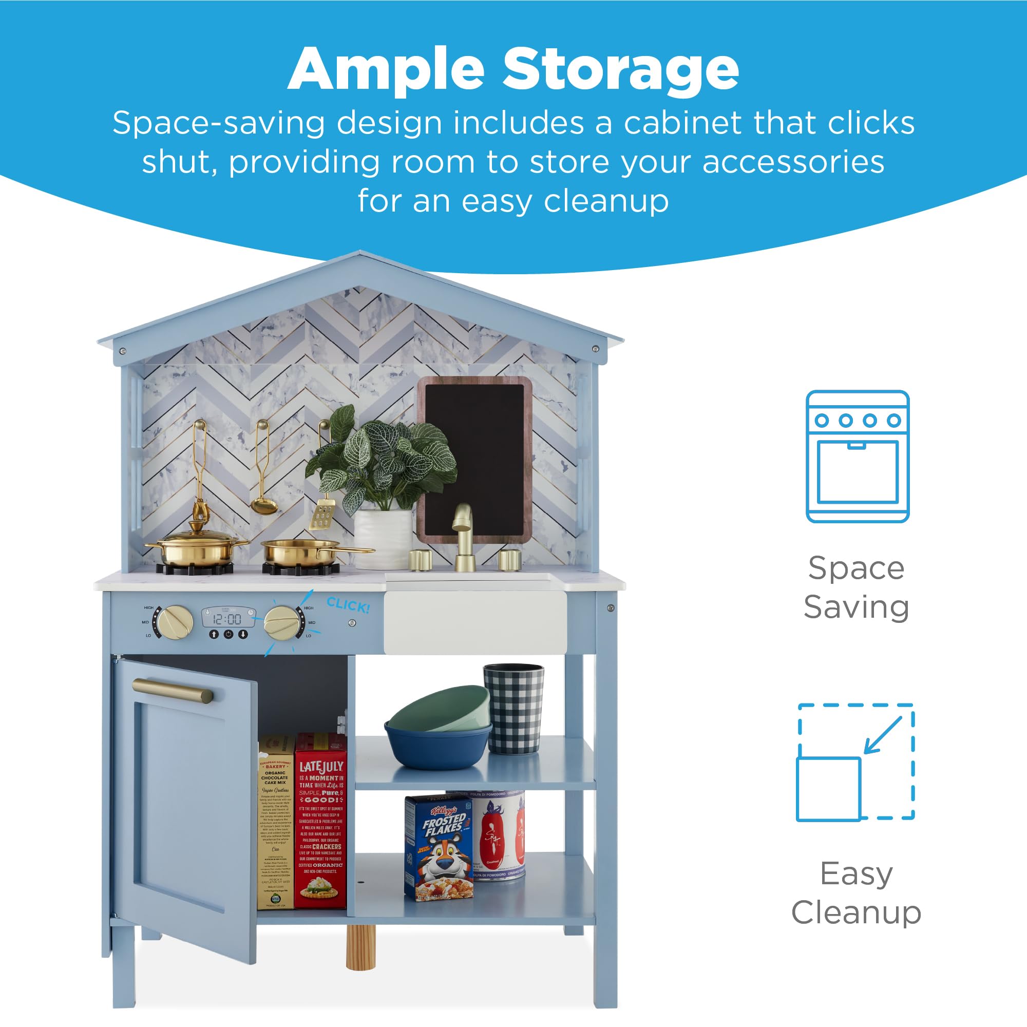 Best Choice Products Wooden Farmhouse Play Kitchen Toy for Kids - Pretend Play Set with Chalkboard, Marble Backdrop, Windows & Storage Shelves (5 Accessories Included) - Beveled Blue - Perfect for Imaginative Play, Birthday Gifts & Preschool Learning Activities