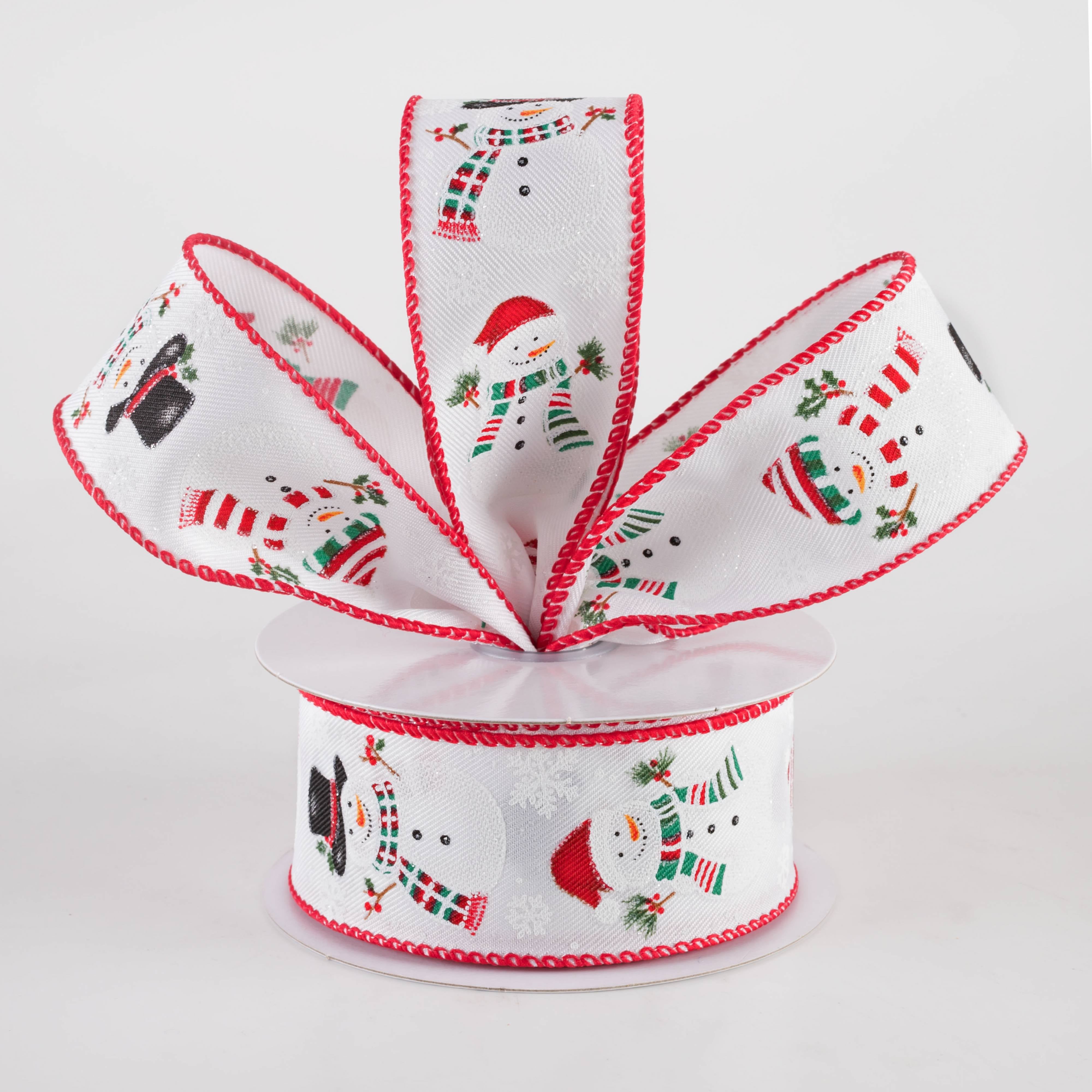 1.5 Inch Glittered Snowman Diagonal Weave Ribbon - White Christmas Decorative Ribbon (10 Yards) for Gift Wrapping, Tree Decorations, Holiday Crafts and DIY Projects
