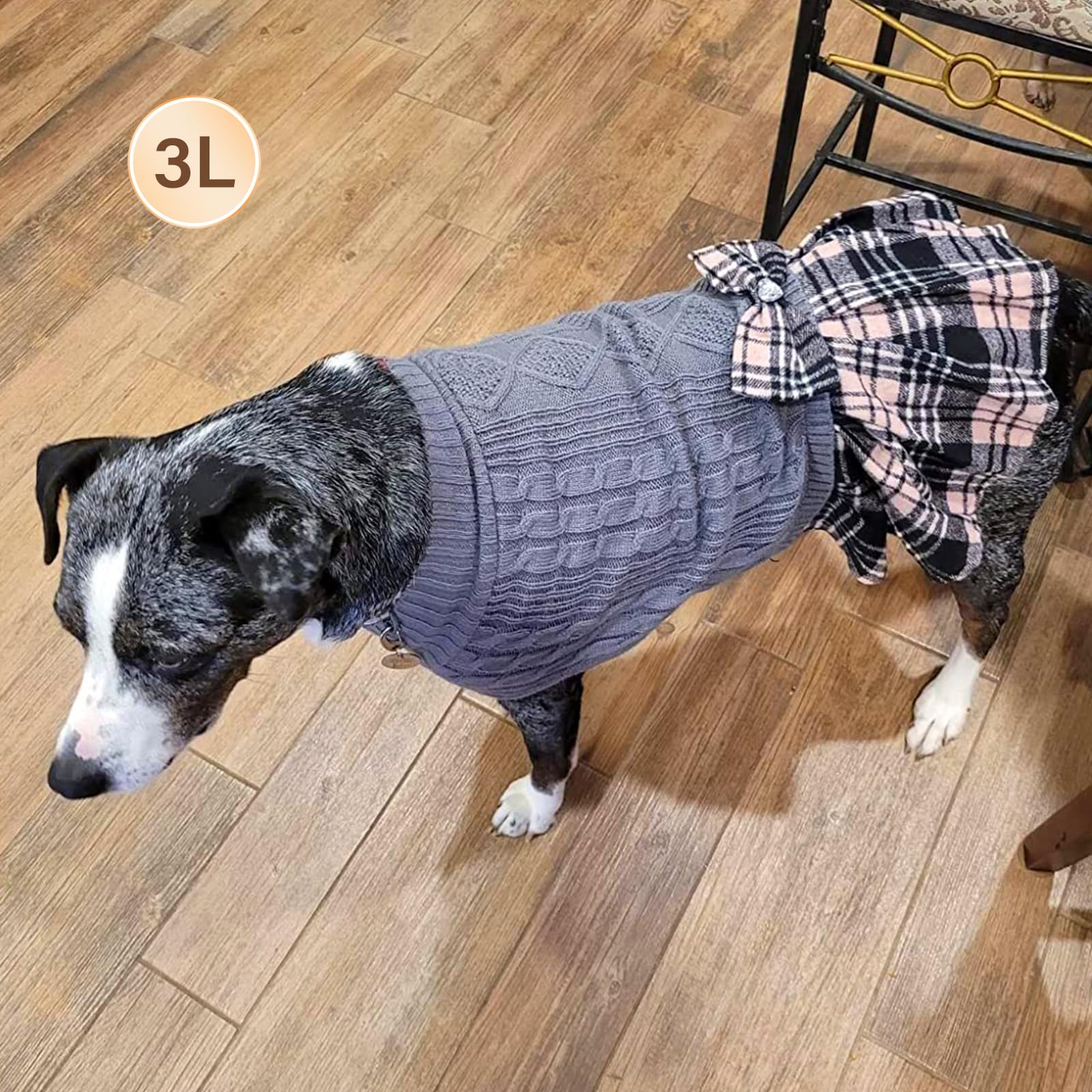 KYEESE Large Dog Sweater with Bowtie - Soft Checkered Turtleneck Pet Sweater for Big Dogs | Warm Winter Dog Clothes & Coats | Perfect for Outdoor Walks & Holiday Photos (Grey, Size 3L)