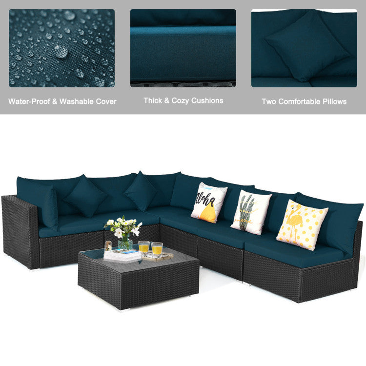 Costway 7-Piece Black Rattan Patio Furniture Set with Tempered Glass Coffee Table - Outdoor Sectional Sofa for Garden, Poolside & Backyard Relaxation
