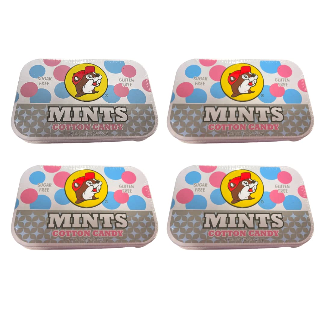 Sugar Free Cotton Candy Breath Mints by Buc-ee's - Gluten Free, 4 Tins (200 Mints Total) - Fresh Breath Solution for Travel, Office & After Meals