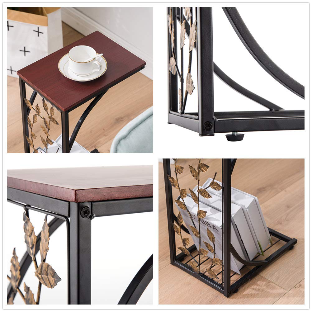 Brown Wooden C-Shaped End Table with Leaf Pattern - Sofa Side Table, Coffee Tray & Snack Table for Living Room - Perfect for Small Spaces, Apartments & Cozy Home Decor