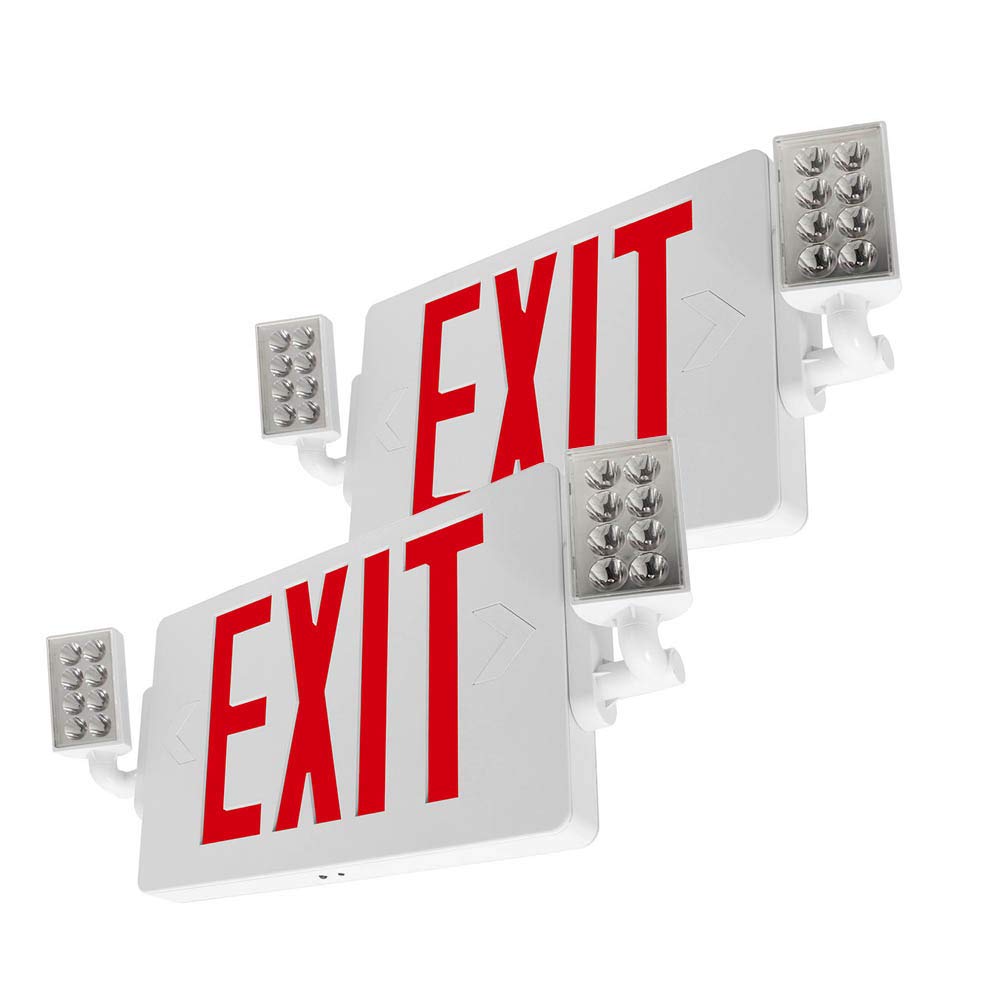 UL Listed LFI Lights - Thin Combo Red LED Exit Sign with Emergency Lights (2 Pack) | White Housing, Two Adjustable Heads | Hardwired with Battery Backup | Perfect for Commercial Buildings, Warehouses & Emergency Exits