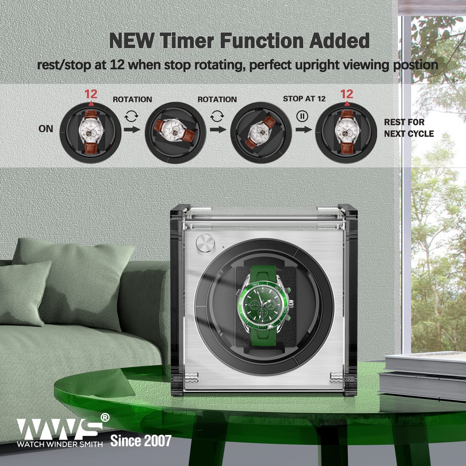 Premium Single Watch Winder for Automatic Watches - Quiet Motor with 4 Rotation Modes, LED Display & Luxury Green Finish | Perfect for Rolex, Omega & Luxury Watch Storage at Home/Office