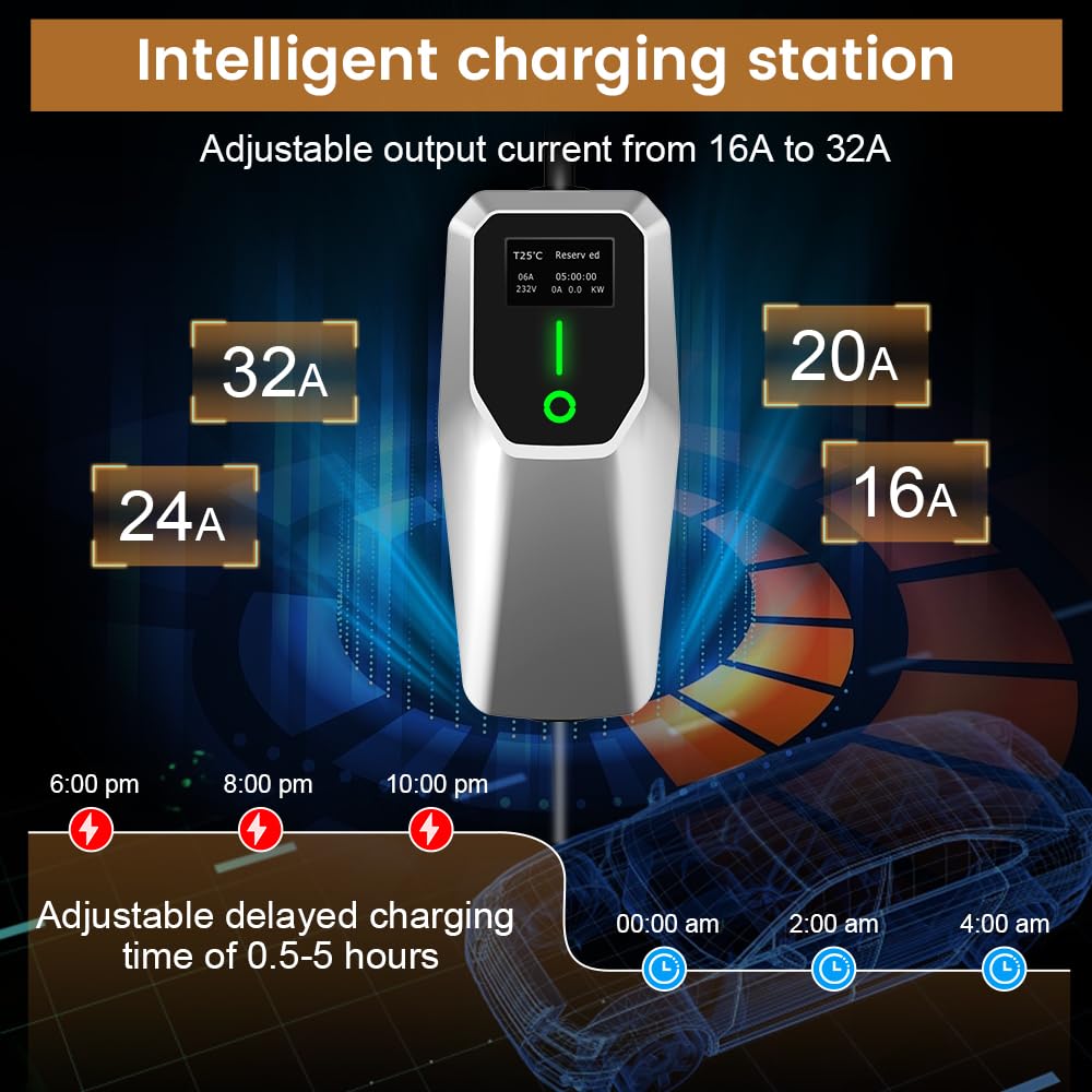AWESAFE Level 2 EV Charger 7.6KW, 32Amp NEMA 14-50 Plug, J1772 Connector - Portable Fast Charging Station with Scheduled Charging for Home & Outdoor Electric Vehicle Charging