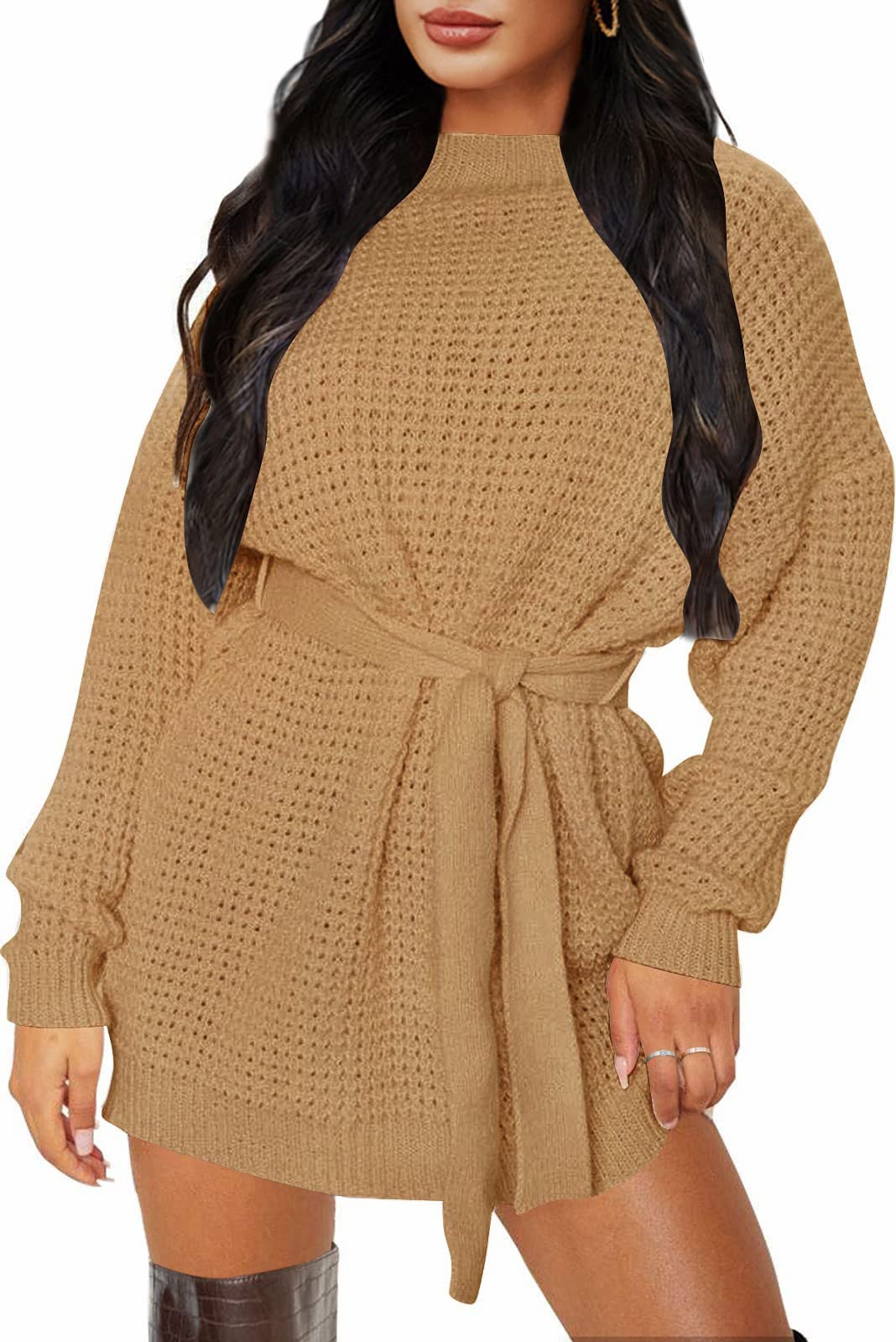 ZESICA Women's Long Sleeve Waffle Knit Tie Waist Tunic Sweater Dress - Casual Fall Winter Pullover for Work, Date Night & Holiday Outfits