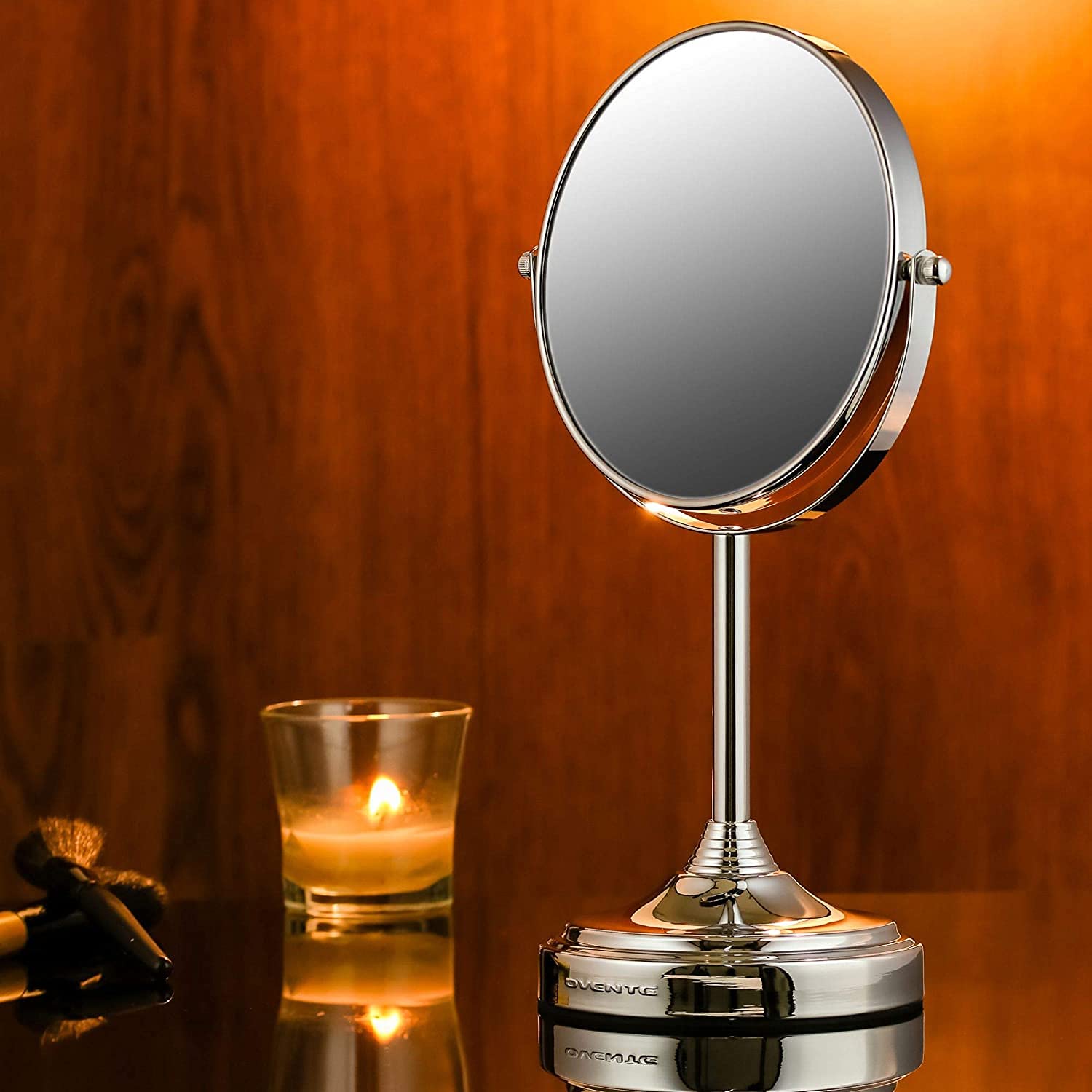 OVENTE 7-Inch Double-Sided Vanity Mirror with 1X/7X Magnification, 360° Swivel Stand - Polished Chrome Makeup Mirror for Dresser, Bedroom & Office Desk | Perfect for Applying Makeup, Grooming & Skincare Routines