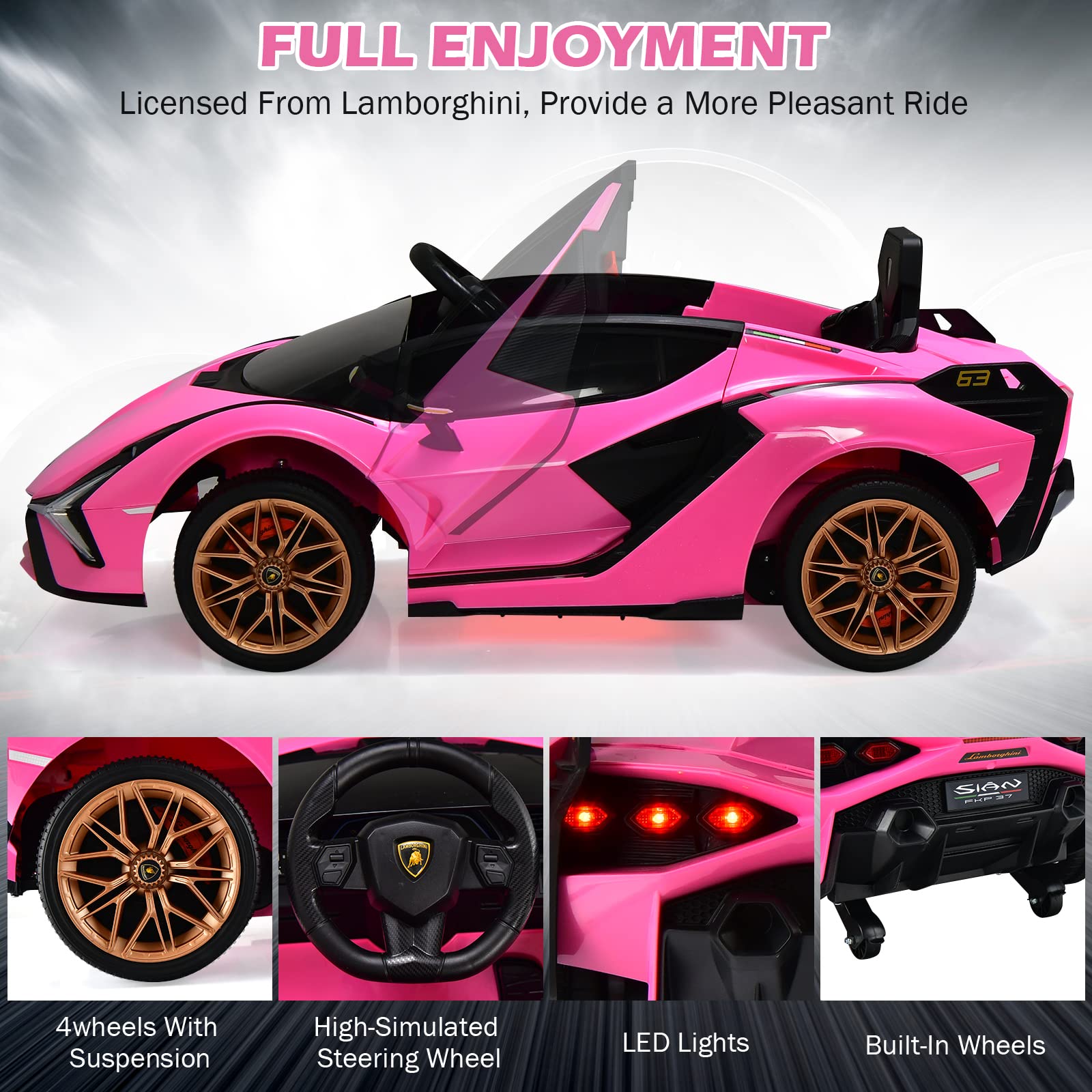 INFANS 12V Licensed Lamborghini Sian Kids Electric Ride-On Car with Parent Remote Control - Spring Suspension, MP3 Player & Carbon Fiber Texture - Pink Toddler Toy Roadster for Birthday Gifts & Outdoor Play