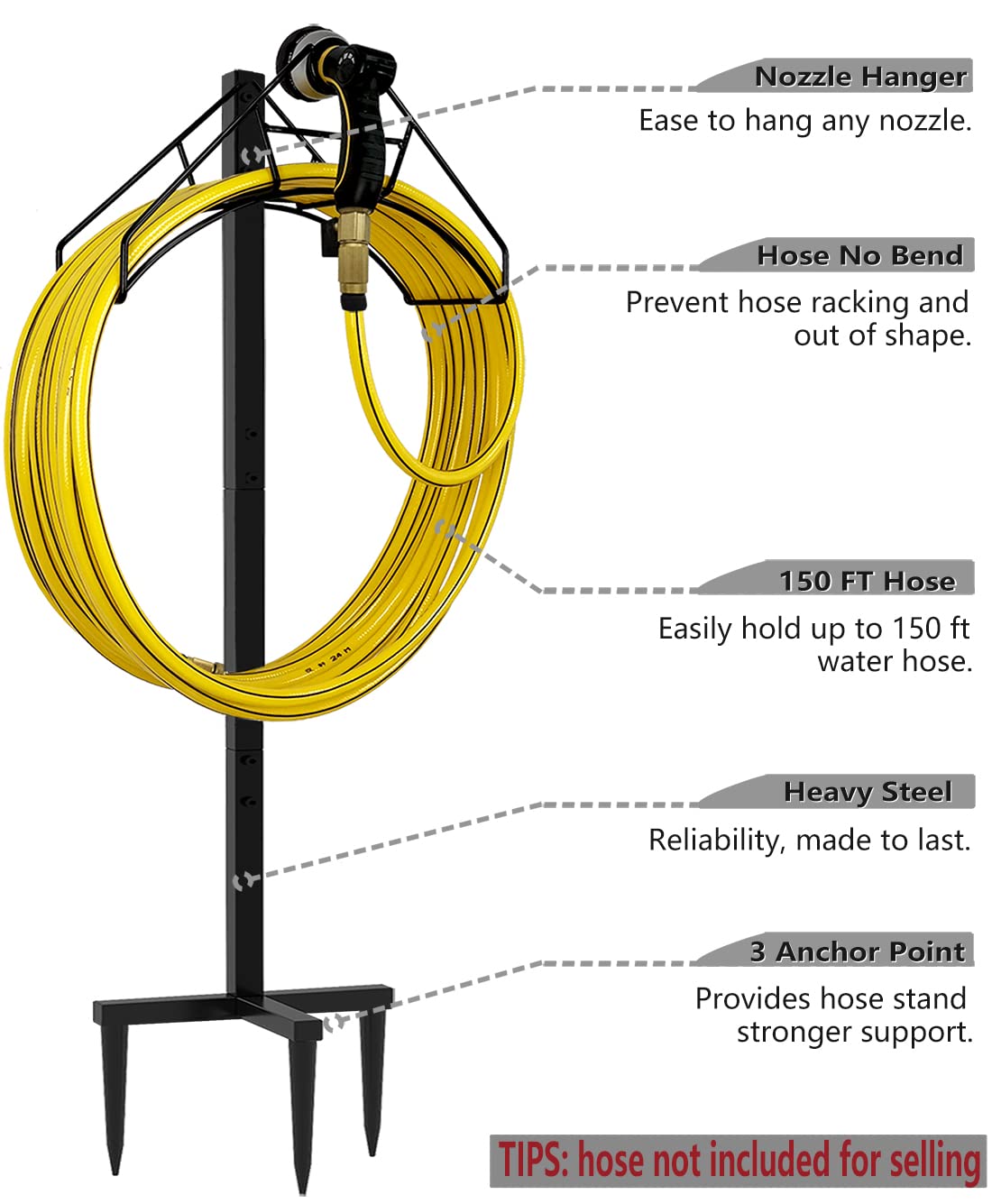 Heavy Duty Freestanding Metal Garden Hose Holder - Outdoor Water Hose Reel Storage Stand for Yard, Lawn & Garden - Bright Black (Hose Not Included) | Perfect for Organizing Hoses in Backyards, Patios & Gardening Areas