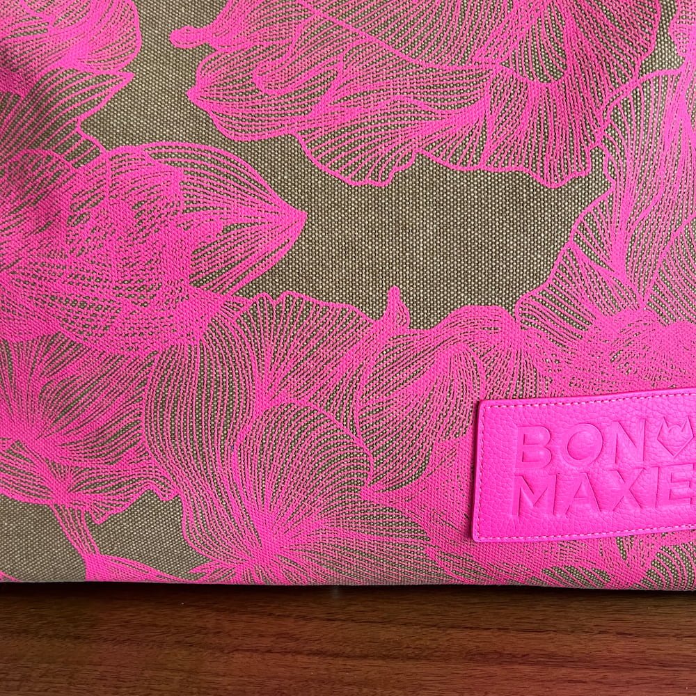 Large Bon Vivant Tote Bag - Stylish Neon Pink & Tan Floral Print - Perfect for Beach, Shopping & Everyday Use
