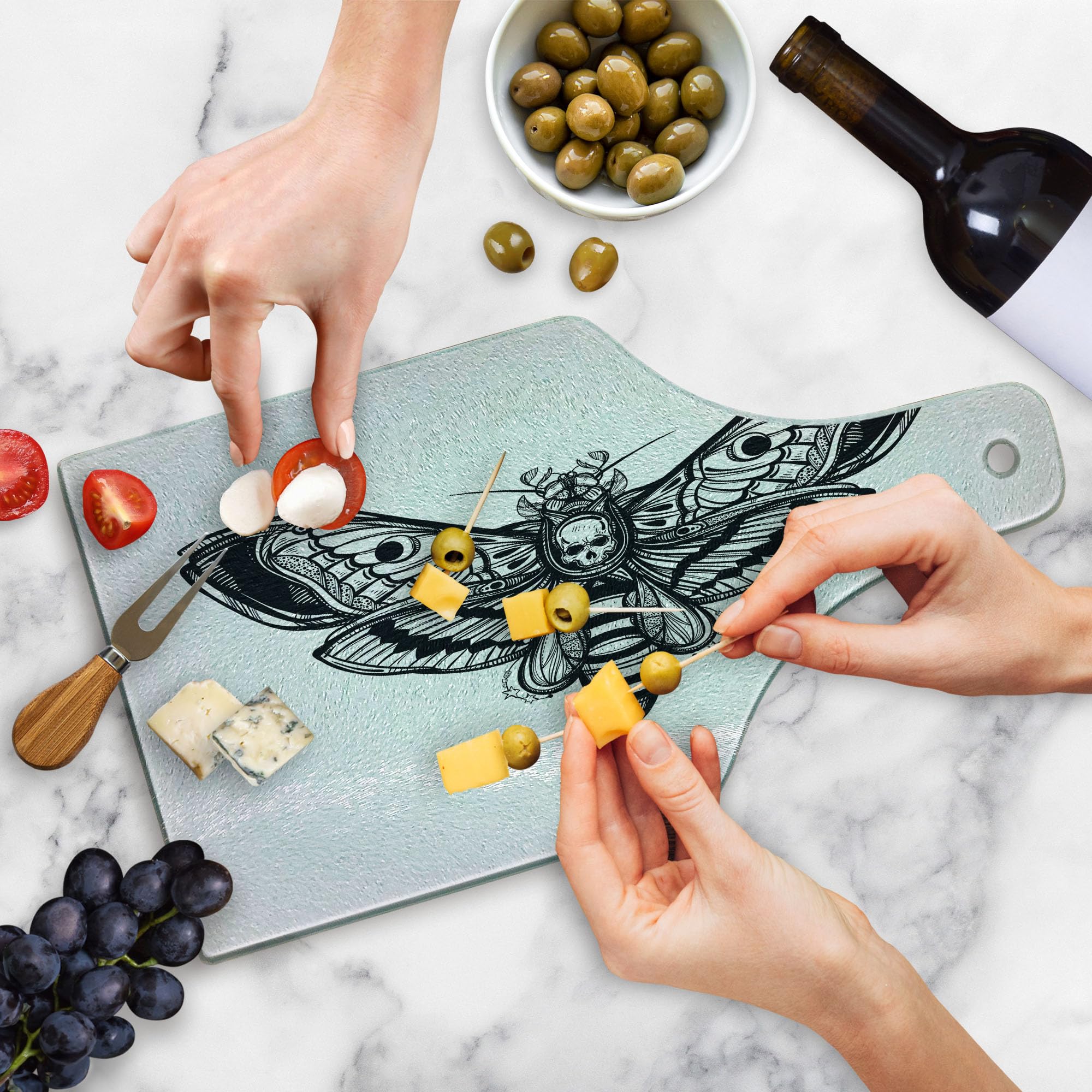 Gothic Grunge Skull Cutting Board - Dead Moth with Skull Face Design, Tempered Glass Serving Board for Cheese, Charcuterie & Wine, Black & White Wine Bottle Shape - Perfect for Halloween Parties, Gothic Home Decor & Unique Gift Ideas