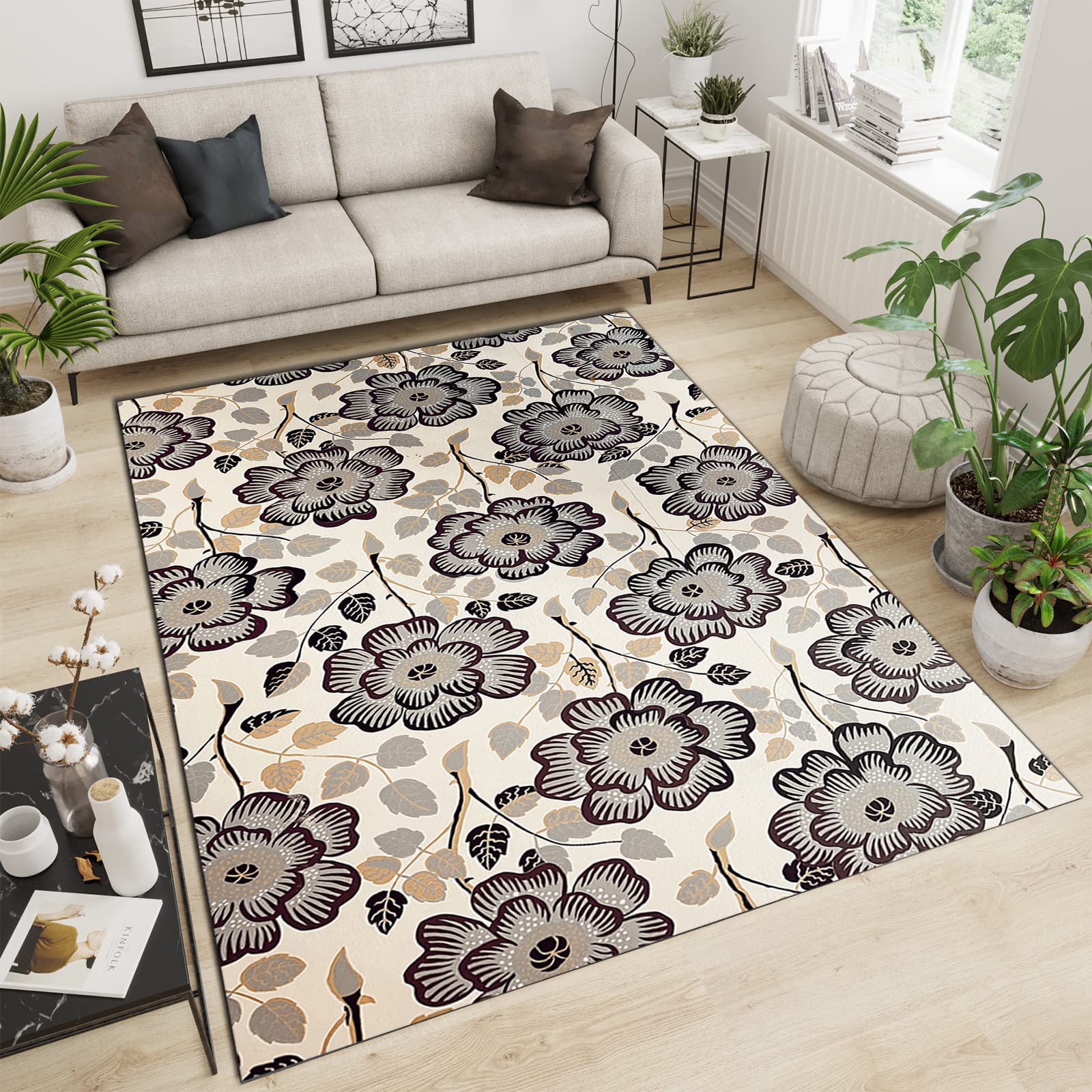 Modern Black and White Floral Area Rug - Soft Plush Fluffy Living Room Carpet with Non-Slip Backing, 5x7ft Home Decor for Bedroom, Study & Dining Room | Perfect for Boho Chic Decor & Cozy Spaces